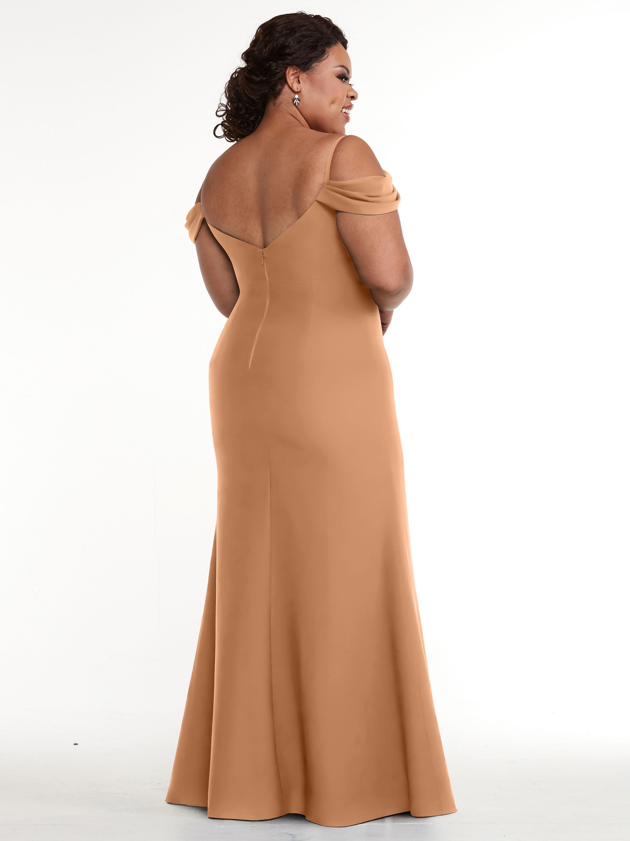 Elegant 83029 Fitted Stretch Chiffon Off-The-Shoulder Bridesmaid Dress with High Slit - Perfect for Weddings, Prom & Formal Events