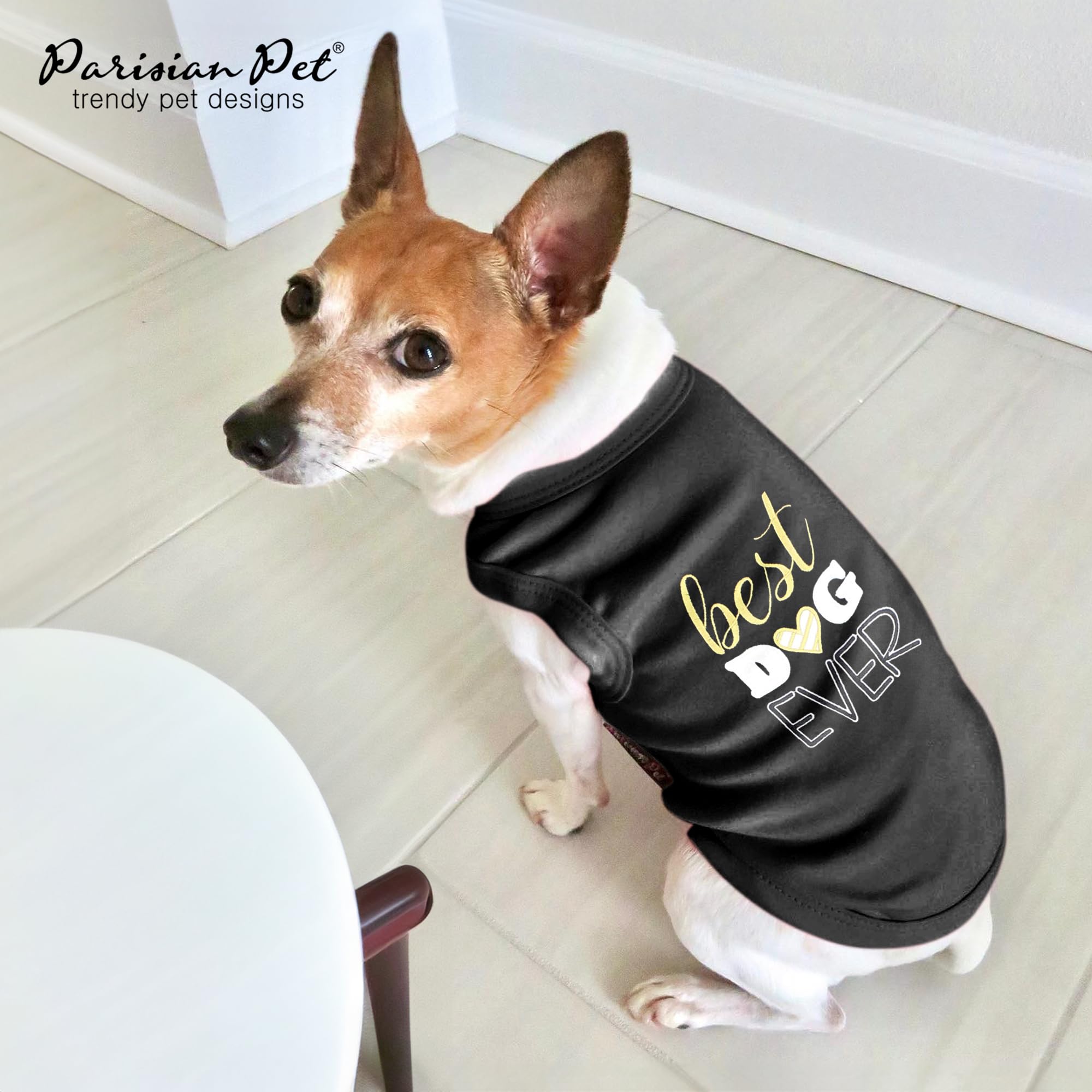 Best Dog Ever Embroidered Parisian Pet Dog T-Shirt | Pure Cotton Sleeveless Black Tee for Small Dogs | Lightweight & Machine Washable Dog Clothes | Perfect for Daily Walks, Pet Parties & Photo Shoots - XS Size