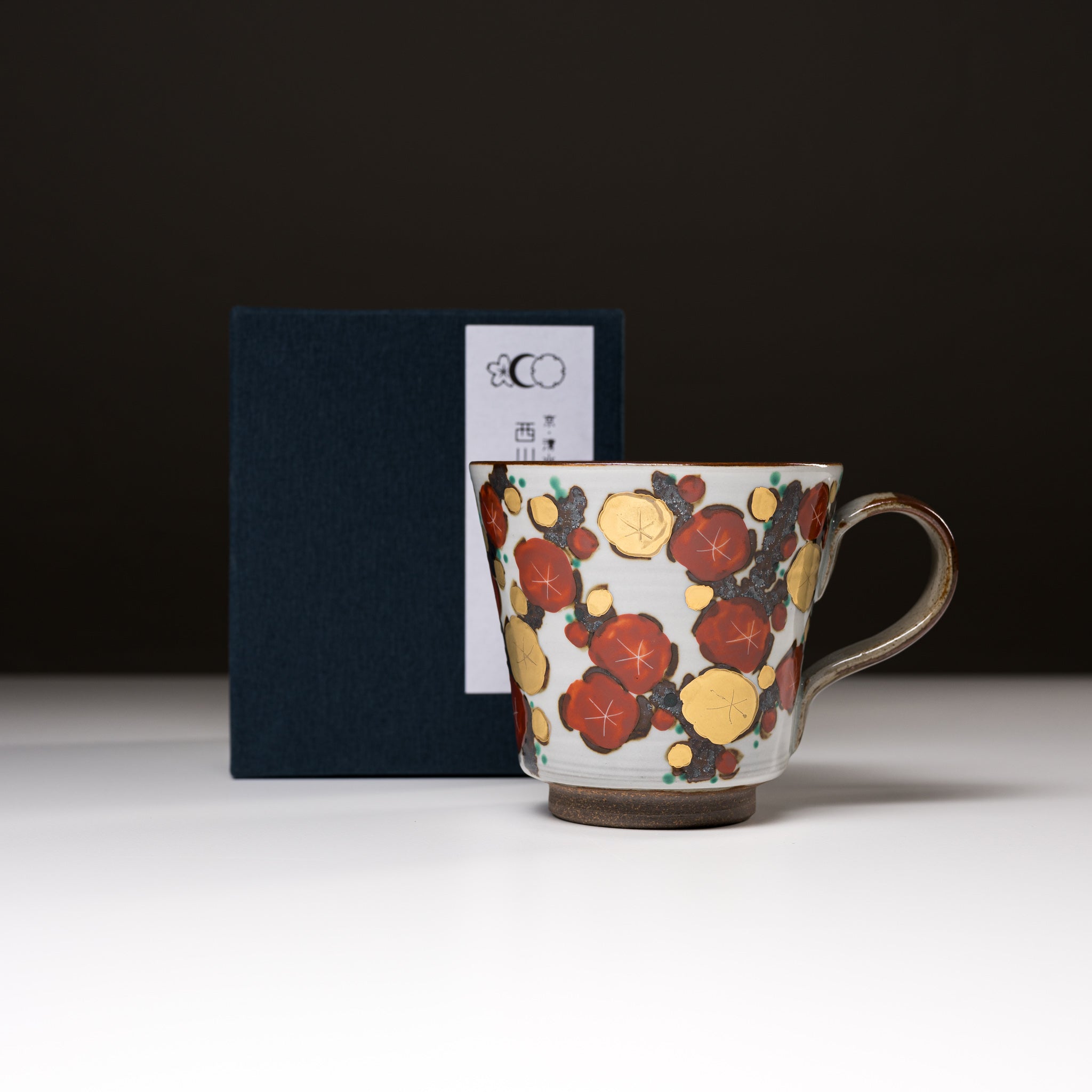 Handmade Kyo Kiyomizu Ware Ceramic Mug - Golden Plum Design, Authentic Japanese Kyoto Pottery, Tea & Coffee Cup for Home, Office, Gift Giving