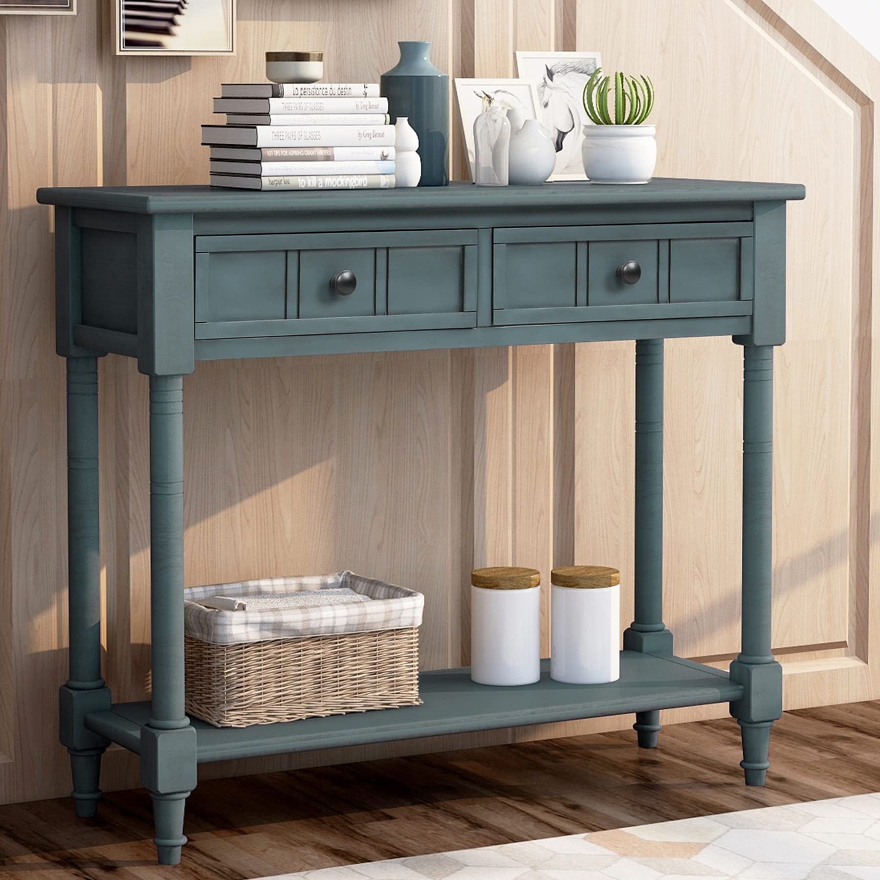 P PURLOVE Navy Wooden Console Table with 2 Drawers & Bottom Shelf - Entryway Sofa Table, Hallway Sideboard, Bedroom Storage Furniture for Home Decor