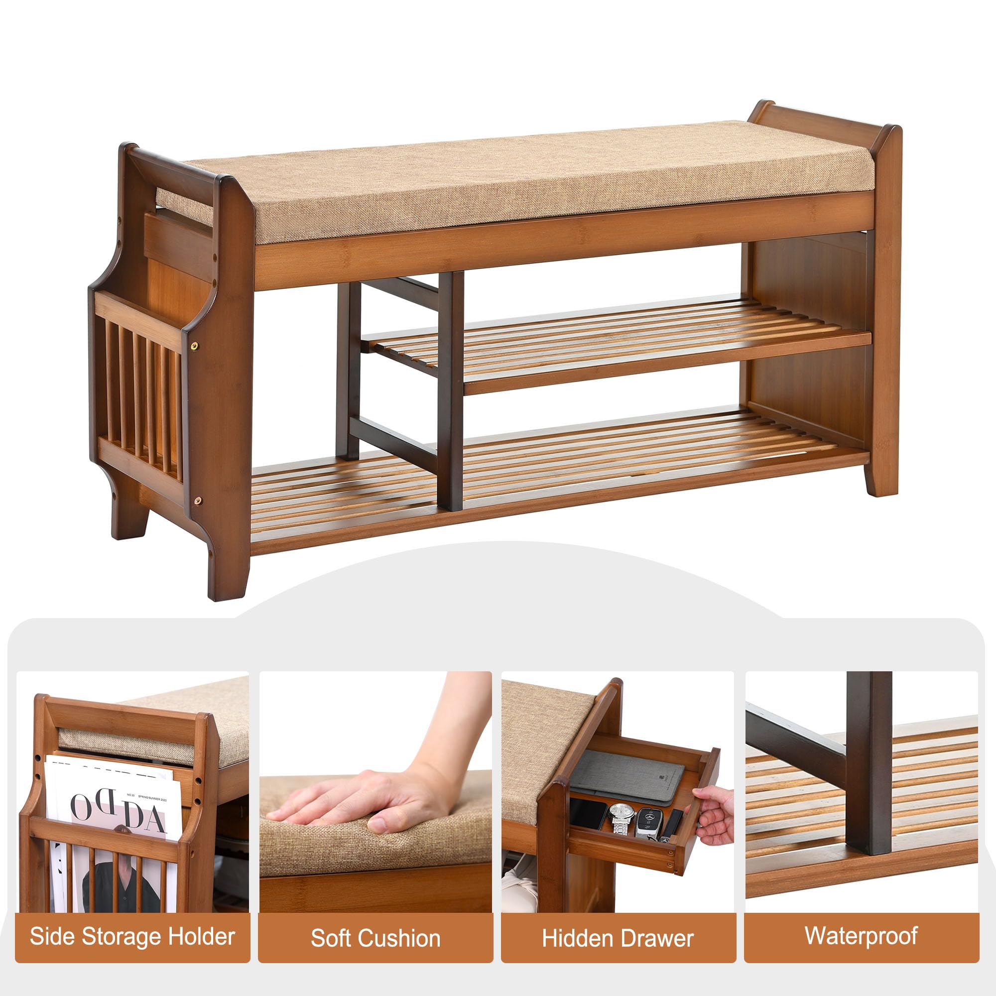 39.4 Inch Bamboo Shoe Bench with Hidden Storage Drawer & Side Holder - 2-Tier Entryway Storage Bench with Cushion for Hallway, Living Room, Bedroom | Perfect for Small Space Organization & Shoe Storage Solutions