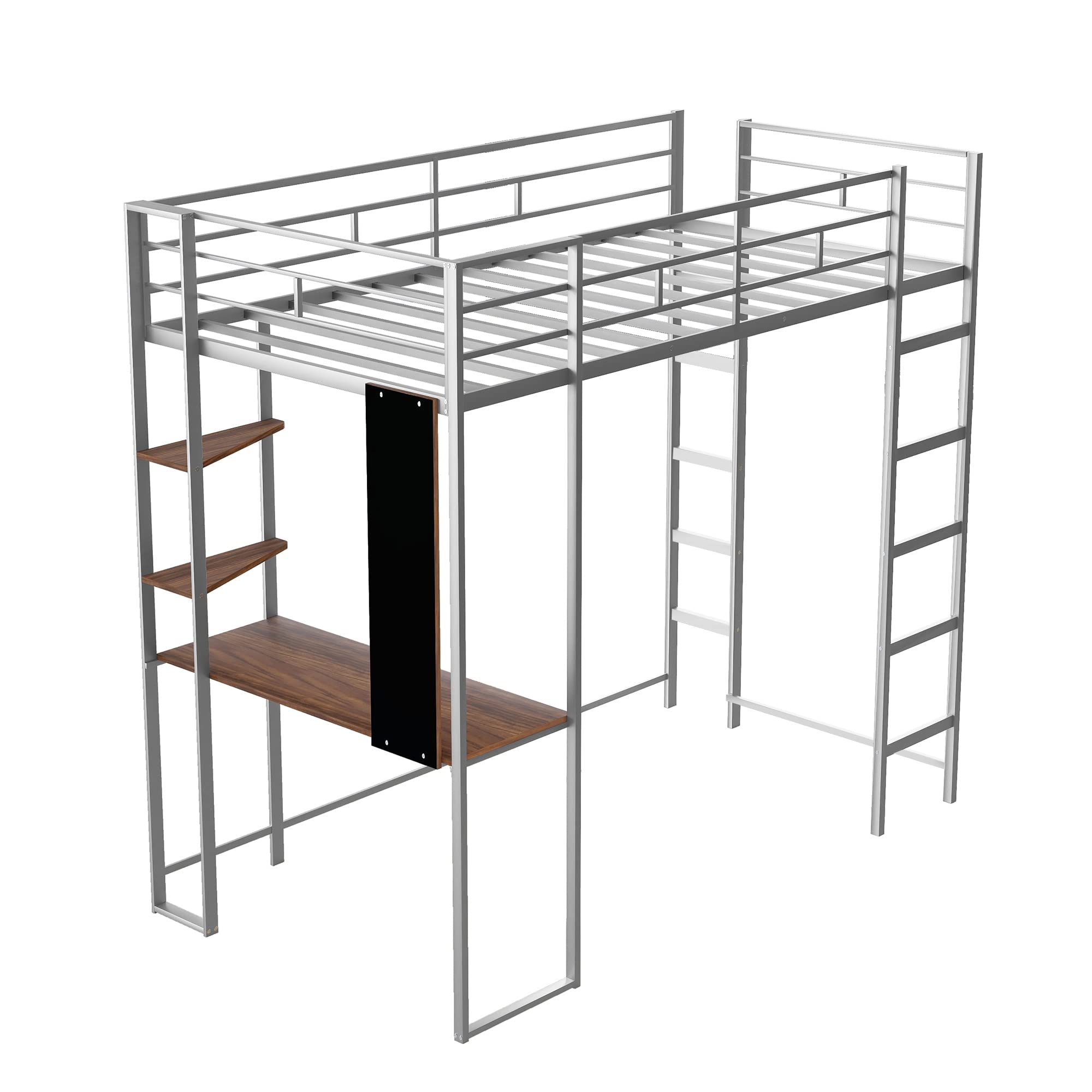 **Twin Metal Loft Bed with Desk & Bookcase - Sturdy High Loft Bed Frame for Teens & Kids - Space-Saving Study & Sleep Solution for Small Rooms - Silver**    *(Perfect for dorm rooms, apartments, or shared bedrooms - combines workspace, storage, and sleeping area in one compact design!)*