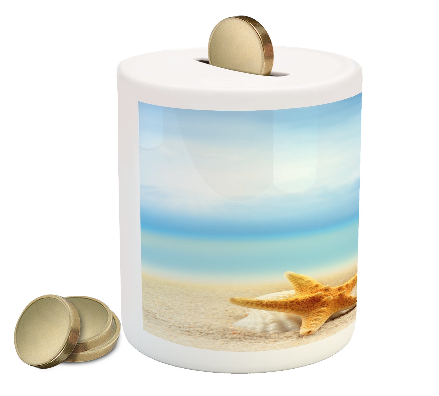 Ambesonne Starfish Ceramic Piggy Bank - Ocean Theme Money Box with Scallop Seashell & Starfish Design - Sandy Beach Inspired Cash Saving Jar for Kids & Adults - Perfect for Beach House Decor, Birthday Gifts & Coin Collection