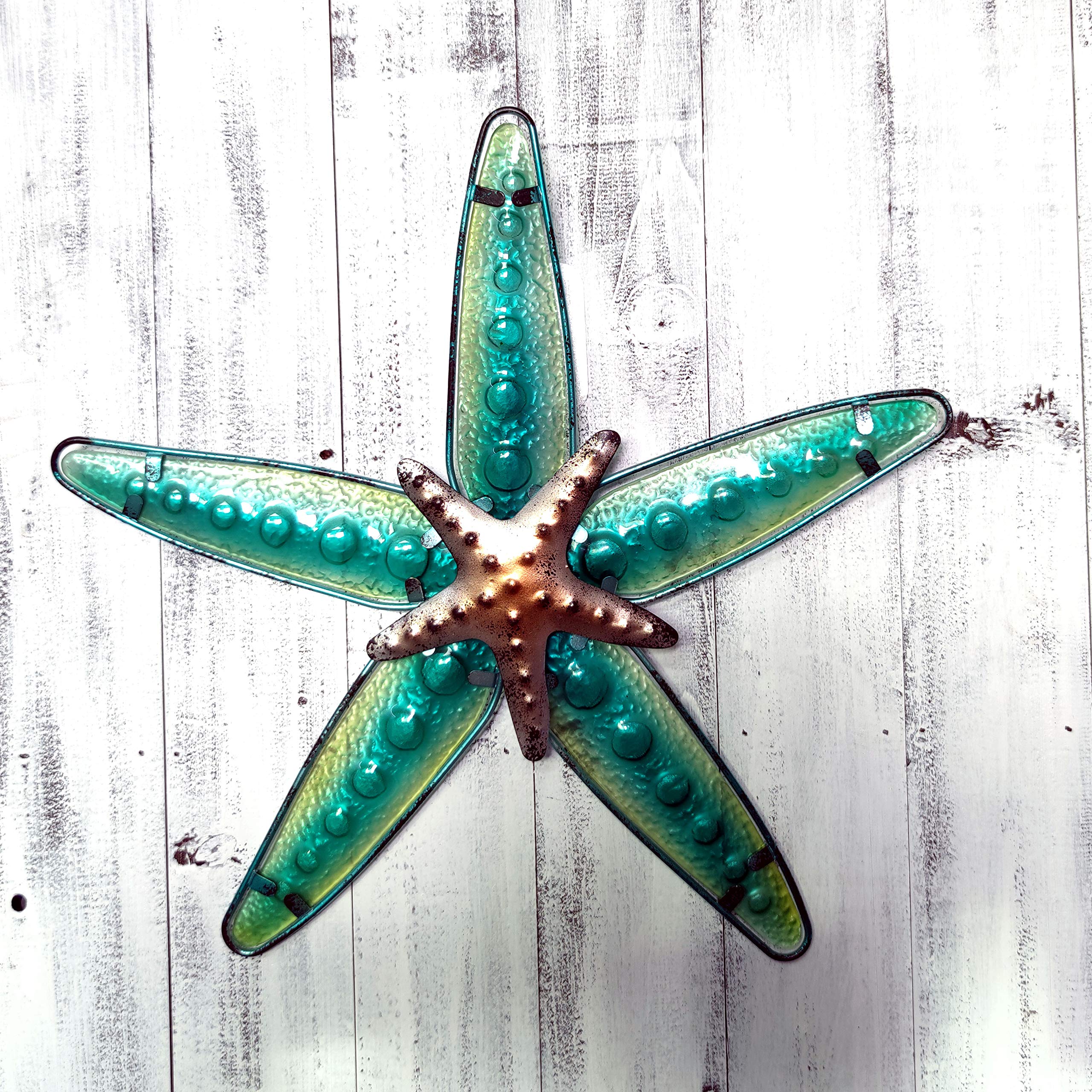 JOYBee Metal & Fused Glass Starfish Wall Art Decor - 13.25x12.75 Inch Coastal Home Decor for Living Room, Bathroom, Kitchen, Garden & Patio | Nautical Sea Life Wall Hanging for Beach House & Ocean Themed Interiors