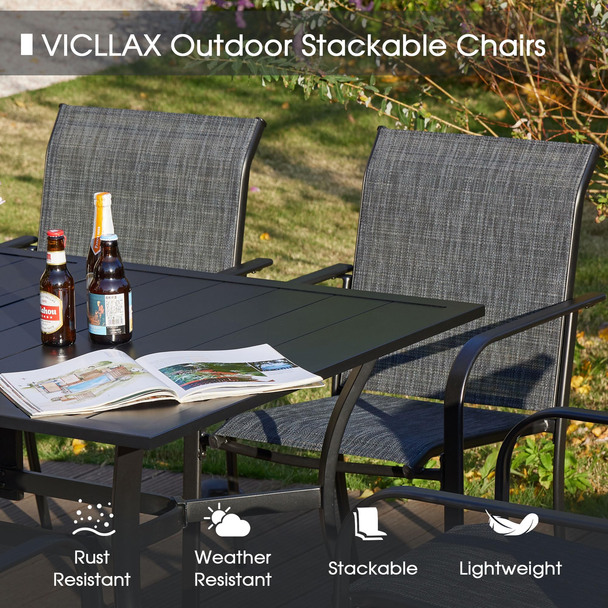 VICLLAX Outdoor Chairs Set of 2 - Stackable Metal Patio Sling Chairs for Lawn, Garden, Poolside & Backyard - Comfortable Grey Lounge Chairs for Relaxing, Sunbathing & Outdoor Gatherings
