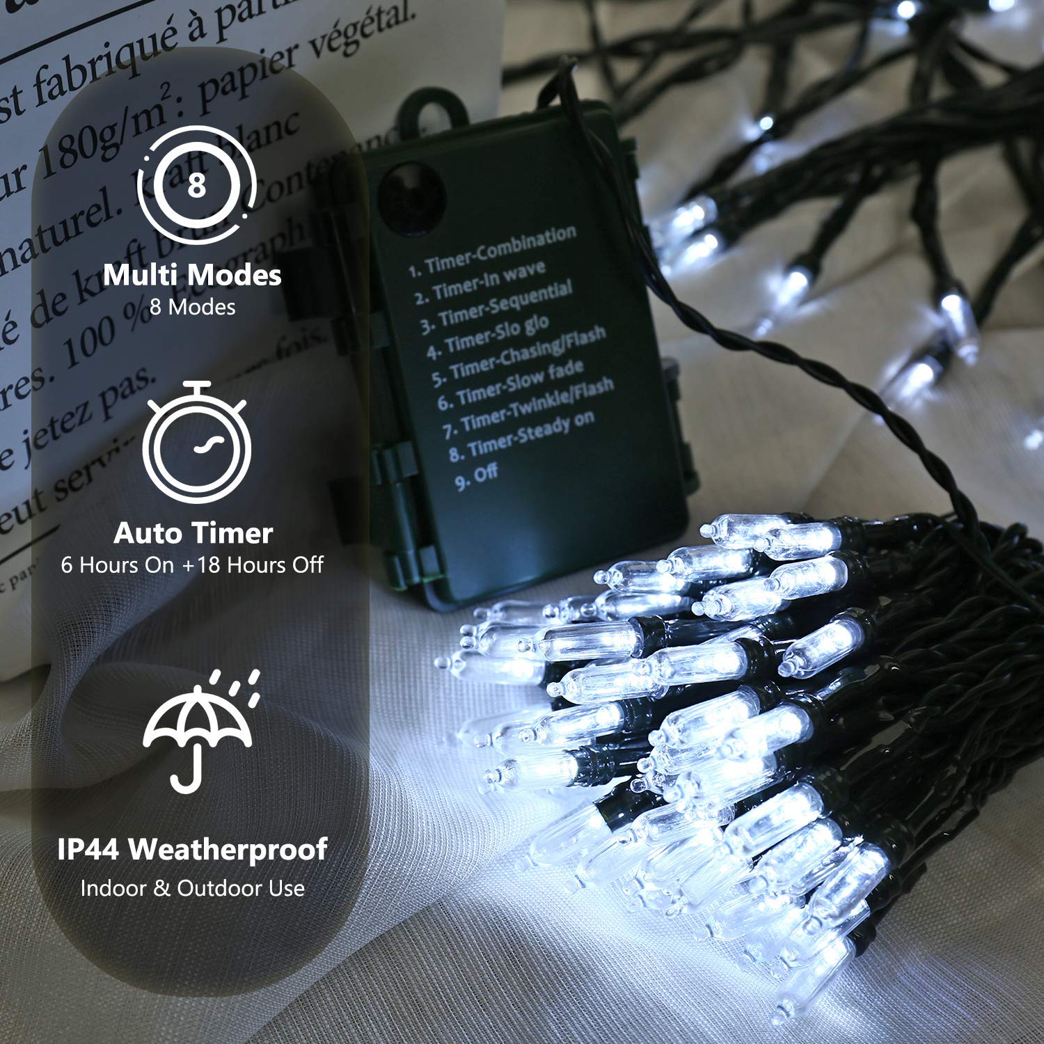 BrizLabs 2 Pack 17.94ft 50 LED Battery Operated Christmas String Lights with Timer - 8 Lighting Modes, Waterproof White Mini Lights for Indoor Outdoor Christmas Tree, Wedding, Party & Home Decor