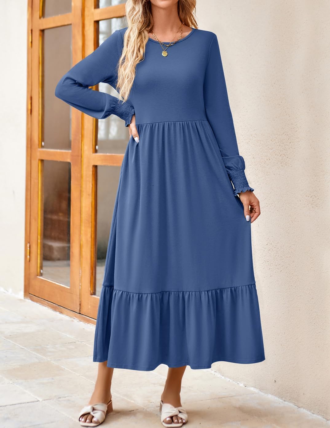 ZESICA Women's Spring Long Sleeve Crewneck Dress 2025 - Casual Loose Pleated Tiered Swing Midi Dress with Pockets | Perfect for Office, Brunch & Spring Outings