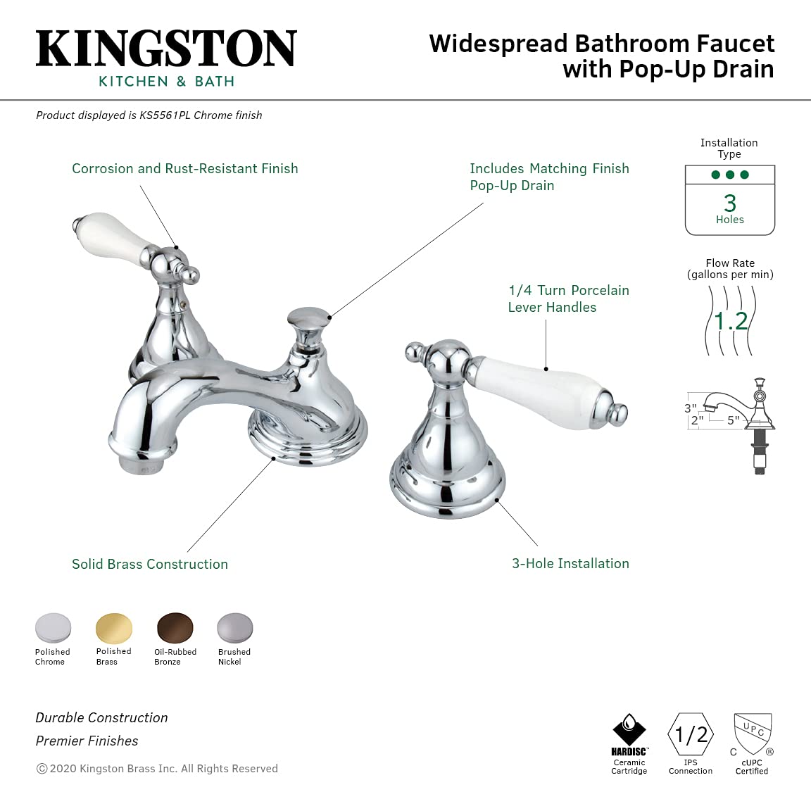 KINGSTON BRASS KS5561PL Royale Widespread Bathroom Faucet - Polished Chrome Finish - Perfect for Modern Bathroom Vanities & Luxury Home Renovations