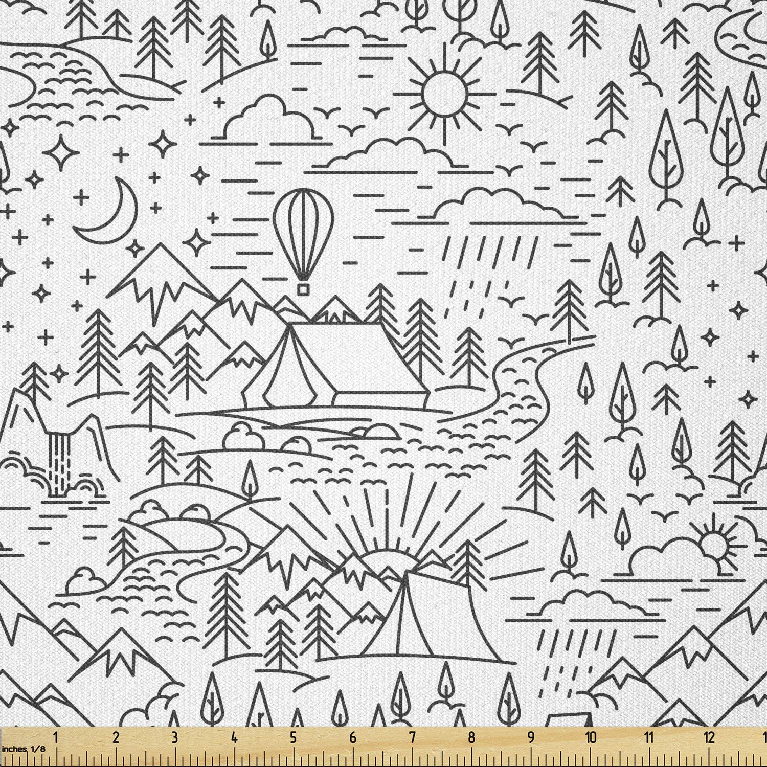 Lunarable Stretch Knit Fabric by the Yard - Camping Theme with Nature Elements (Mountains, Waterfalls, tents, sun & moon) - 10 Yards Charcoal Grey White for Clothing Sewing, DIY Arts & Crafts - Perfect for Outdoor-Themed Apparel, Home Decor, and Creative Projects