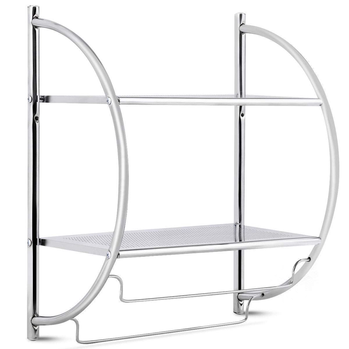 Tangkula 2-Tier Wall Mounted Bathroom Shelf with Bars - Rustproof Chrome Over Toilet Organizer for Bathroom, Kitchen & Living Room - Space Saving Storage for Towels, Toiletries & Decor
