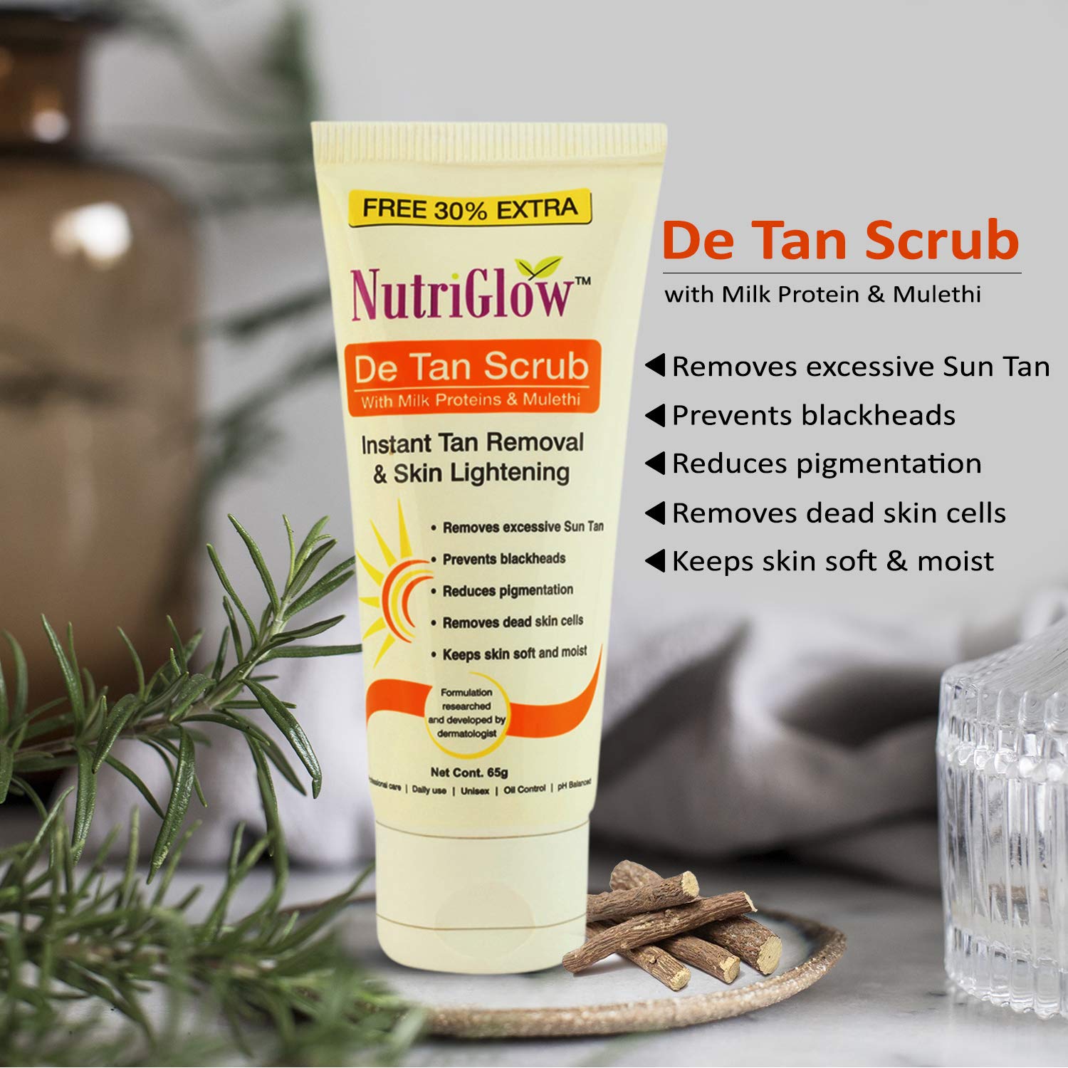 NutriGlow Gold Kesar Cleanser (65 ml) + De Tan Scrub (65 gm) + Skin Radiance Day Cream (50 gm) - Instant Glowing Skin Care Set for Deep Pore Cleansing, Moisturizing & Acne Treatment | Best for Oily Skin & Blackheads Removal | Perfect for Daily Skincare Routine & Spa Day at Home