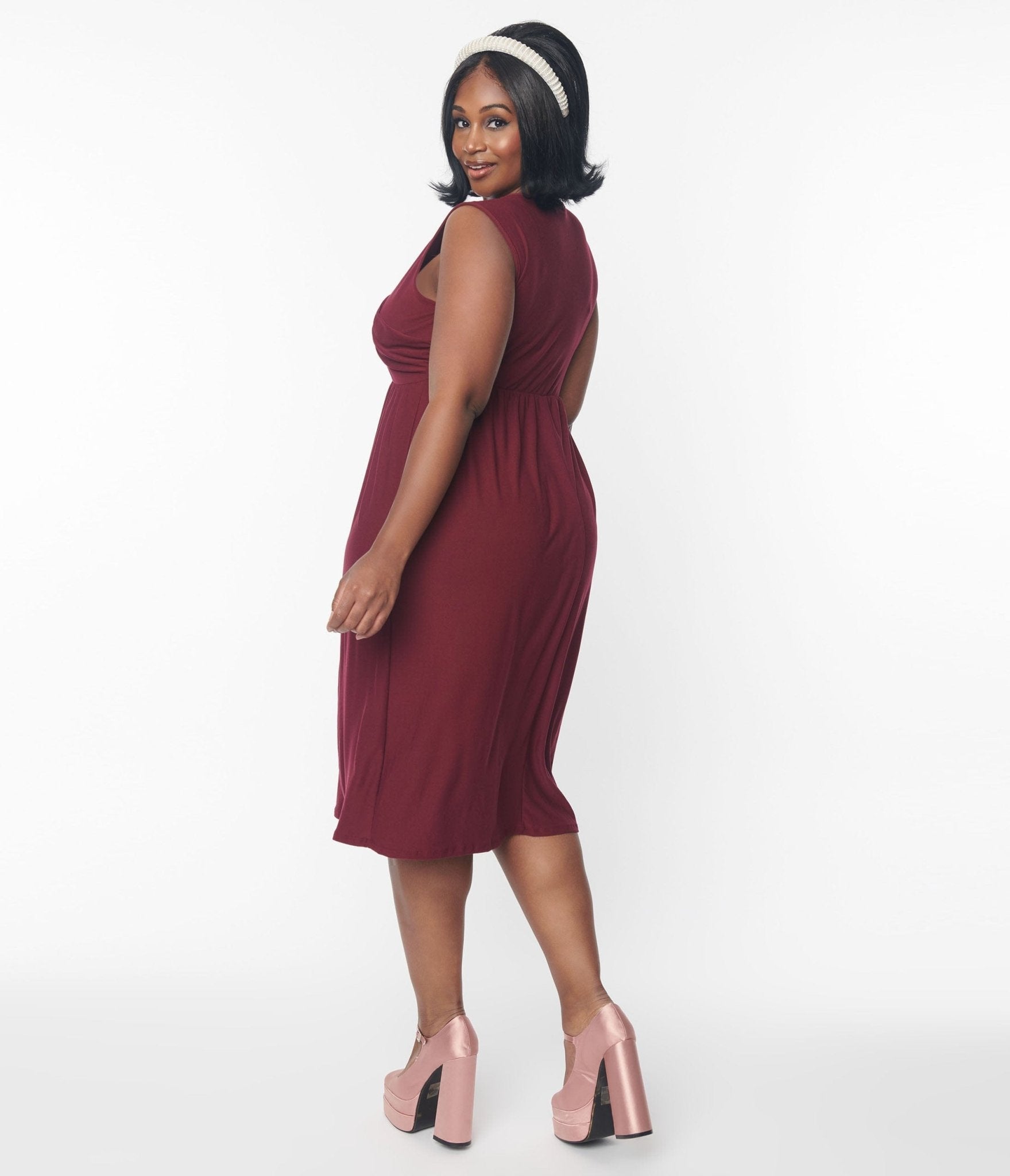 Elegant Burgundy Cross Over Bodice Midi Dress for Women - Vintage Style Wrap Dress for Cocktail Parties, Date Nights & Special Occasions
