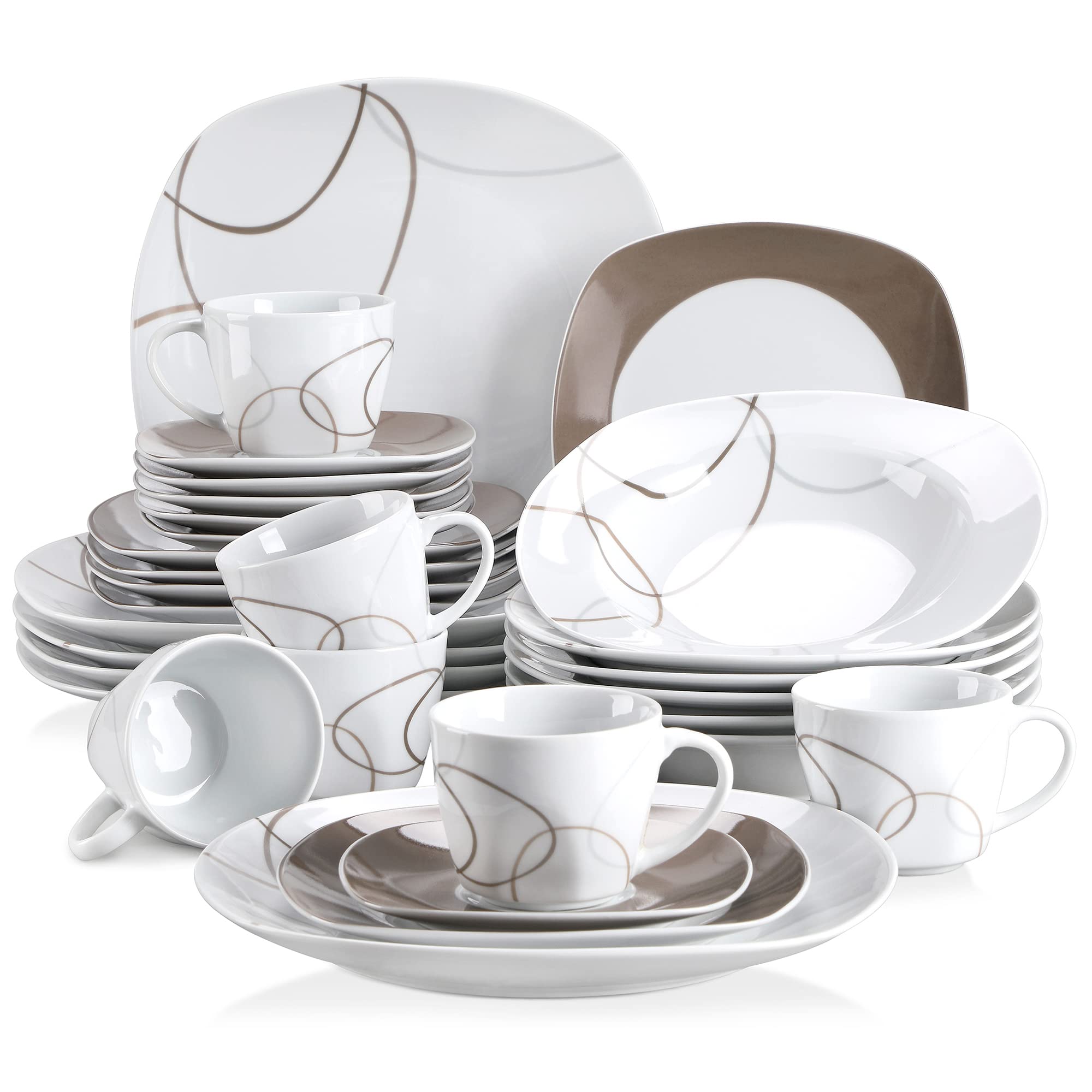 VEWEET Nikita 30-Piece Porcelain Dinnerware Set - White with Brown Lines - 6-Person Table Setting (Plates, Cups & Saucers) - Elegant Tableware for Dinner Parties, Family Meals & Restaurant Use