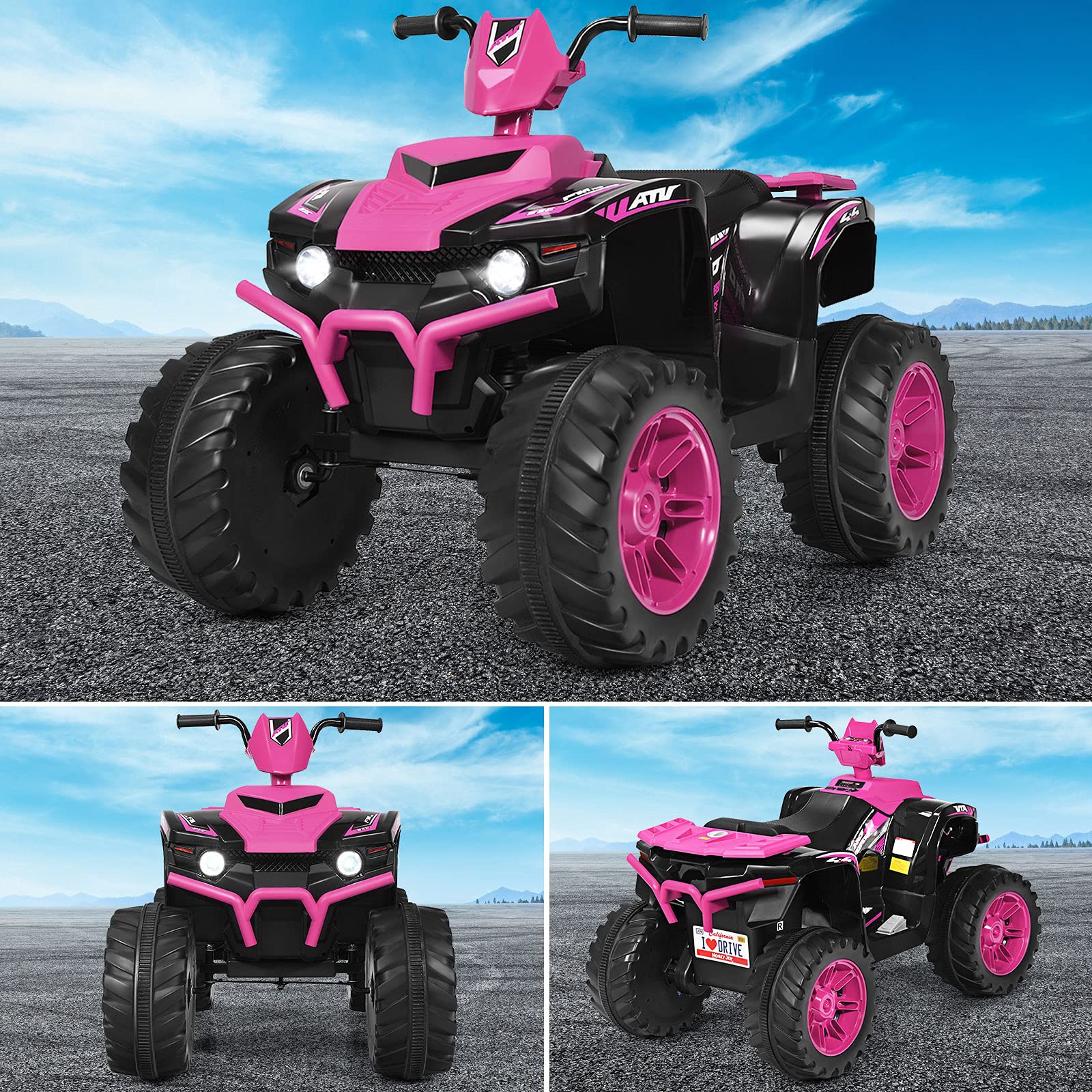 OLAKIDS 12V Kids Electric ATV Quad Bike - 4 Wheeler Ride On Toy Car for Boys & Girls Ages 3-8 | Battery Powered Motorized Vehicle with LED Lights, Music, Horn & Dual Speed Control | Outdoor Play, Birthday Gift, Backyard Fun (Pink)