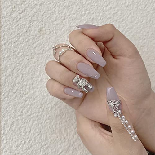 Silver Bear Design Medium Length Coffin False Nails - 24pcs Nude Acrylic Press on Nails Kit for Women | Easy to Apply, Reusable Fake Nails for Daily Wear & Office | Perfect for Parties, Weddings and Special Occasions