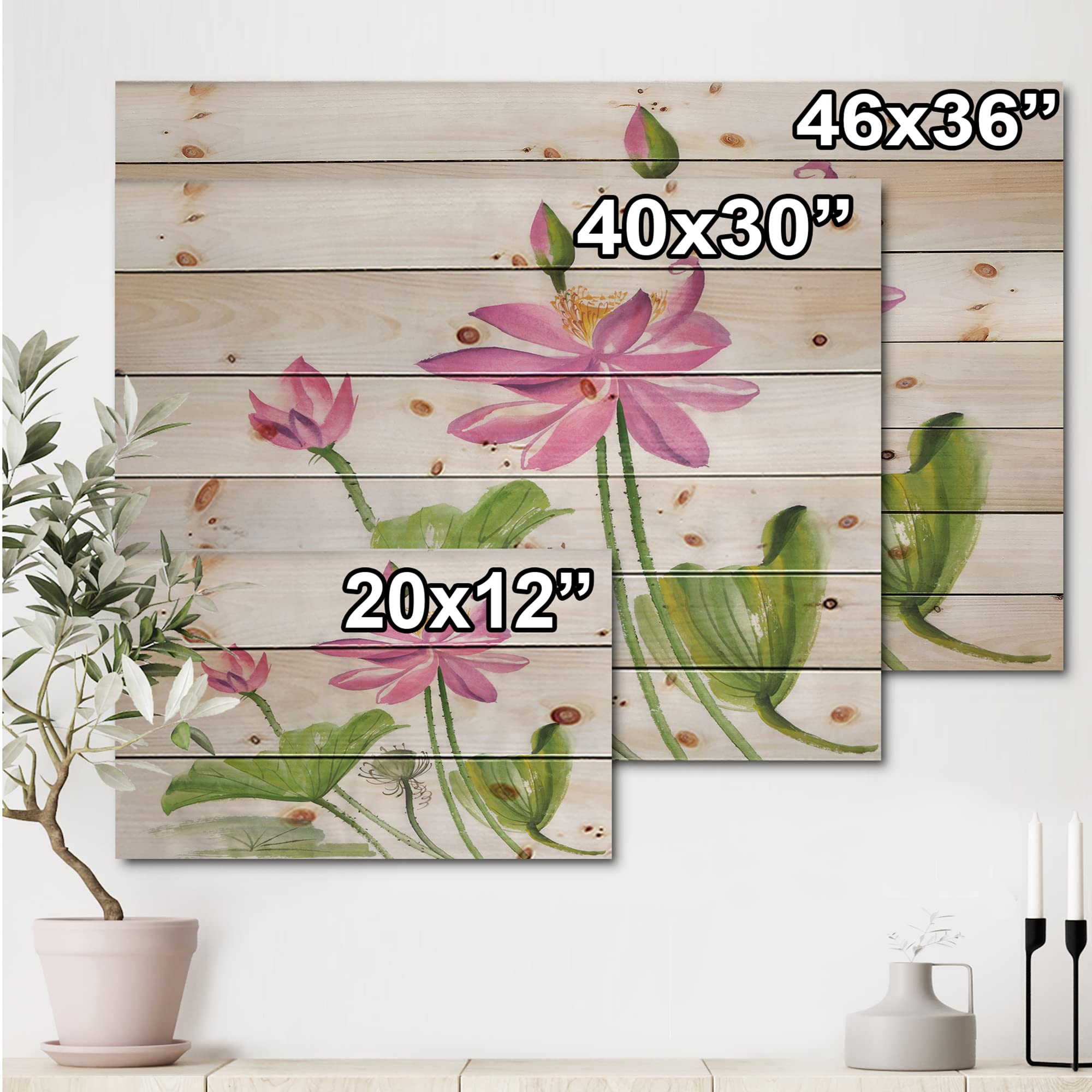 DesignQ Traditional Wood Wall Decor - Two Pink Lotus Flowers Floral Art, Large Pink Wood Wall Panels Printed on Natural Pine - Perfect for Living Room, Bedroom & Home Decor