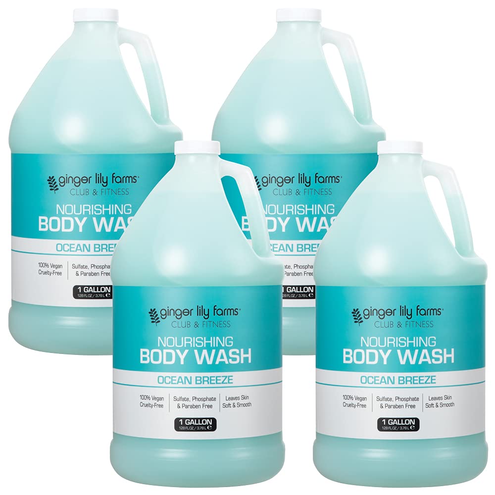 Ginger Lily Farms Club & Fitness Nourishing Body Wash - 100% Vegan, Cruelty-Free, Ocean Breeze Scent - 1 Gallon Refill (Pack of 4) - Perfect for Gyms, Spas & Home Use