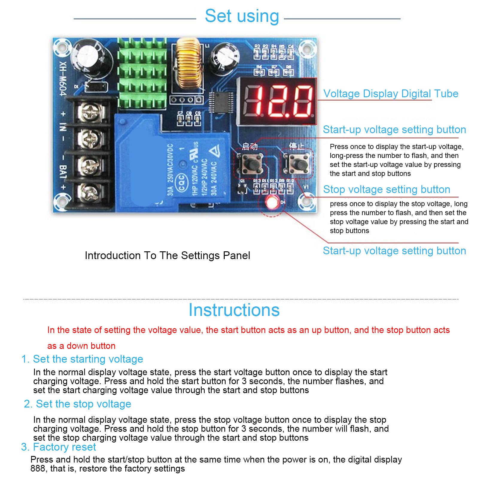 Oumefar XH-M604 6-60V Digital Display Battery Charger Control Module - DC Charging Board for Solar Power, Home, RV & DIY Projects | Perfect for Off-Grid Energy Systems & Battery Maintenance