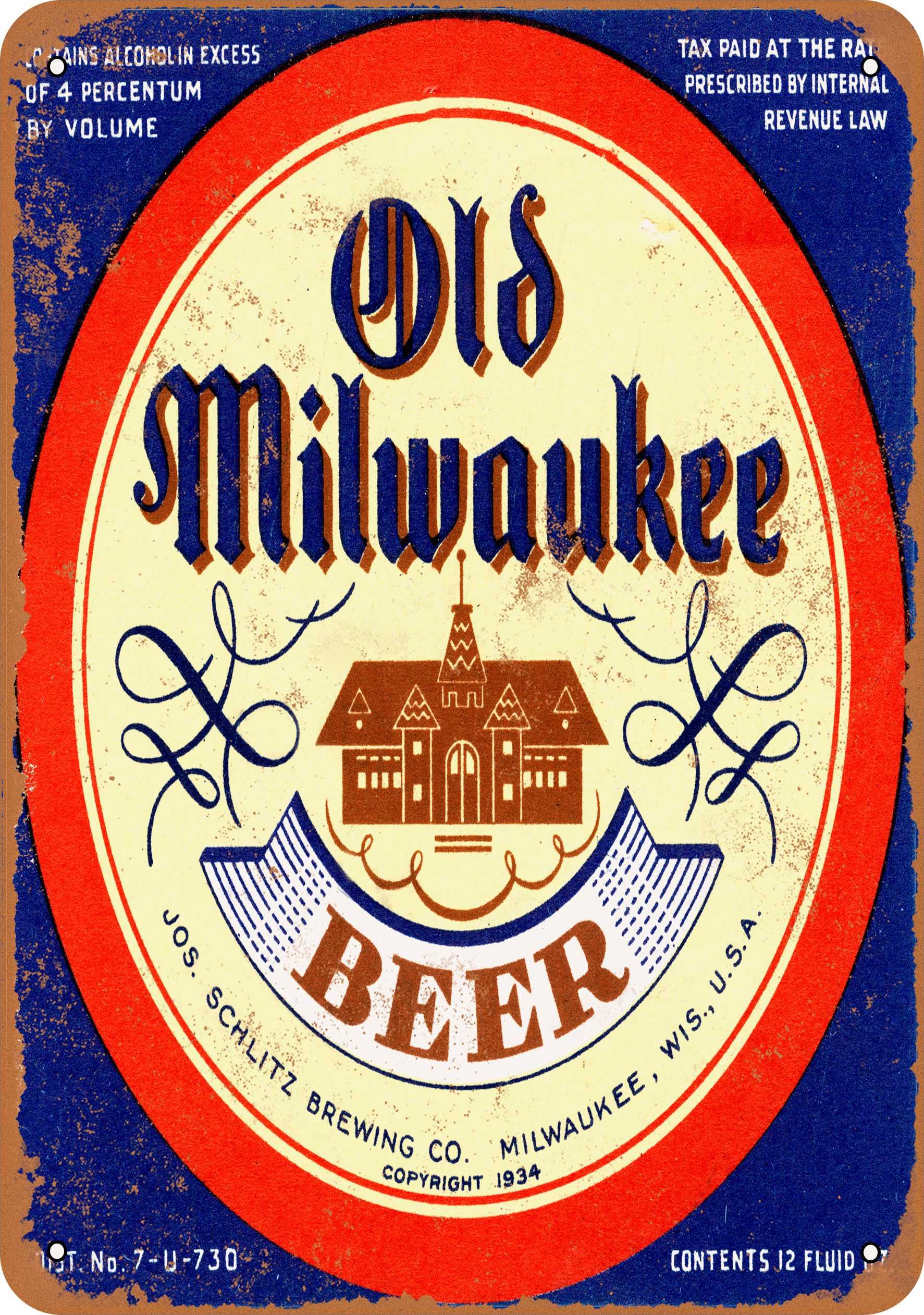 10 x 14 Inch Vintage 1934 Old Milwaukee Beer Metal Sign - Rustic Wall Decor for Man Cave, Bar, Pub & Home Brewery - Retro Advertising Tin Sign for Beer Lovers