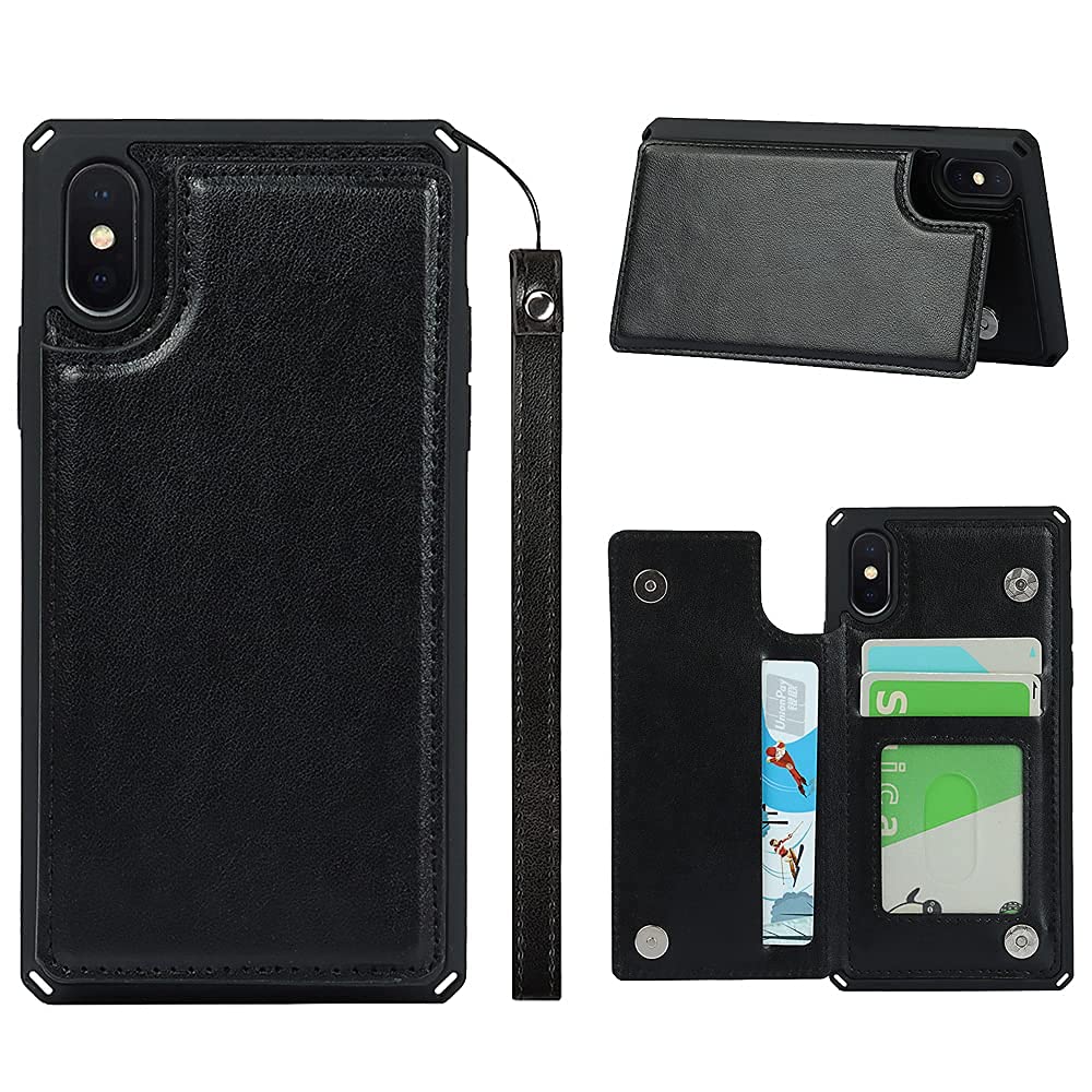 ShunJieTech iPhone X/Xs Leather Wallet Case with Credit Card Holder & Strap - Shockproof Protective Back Cover (5.8
