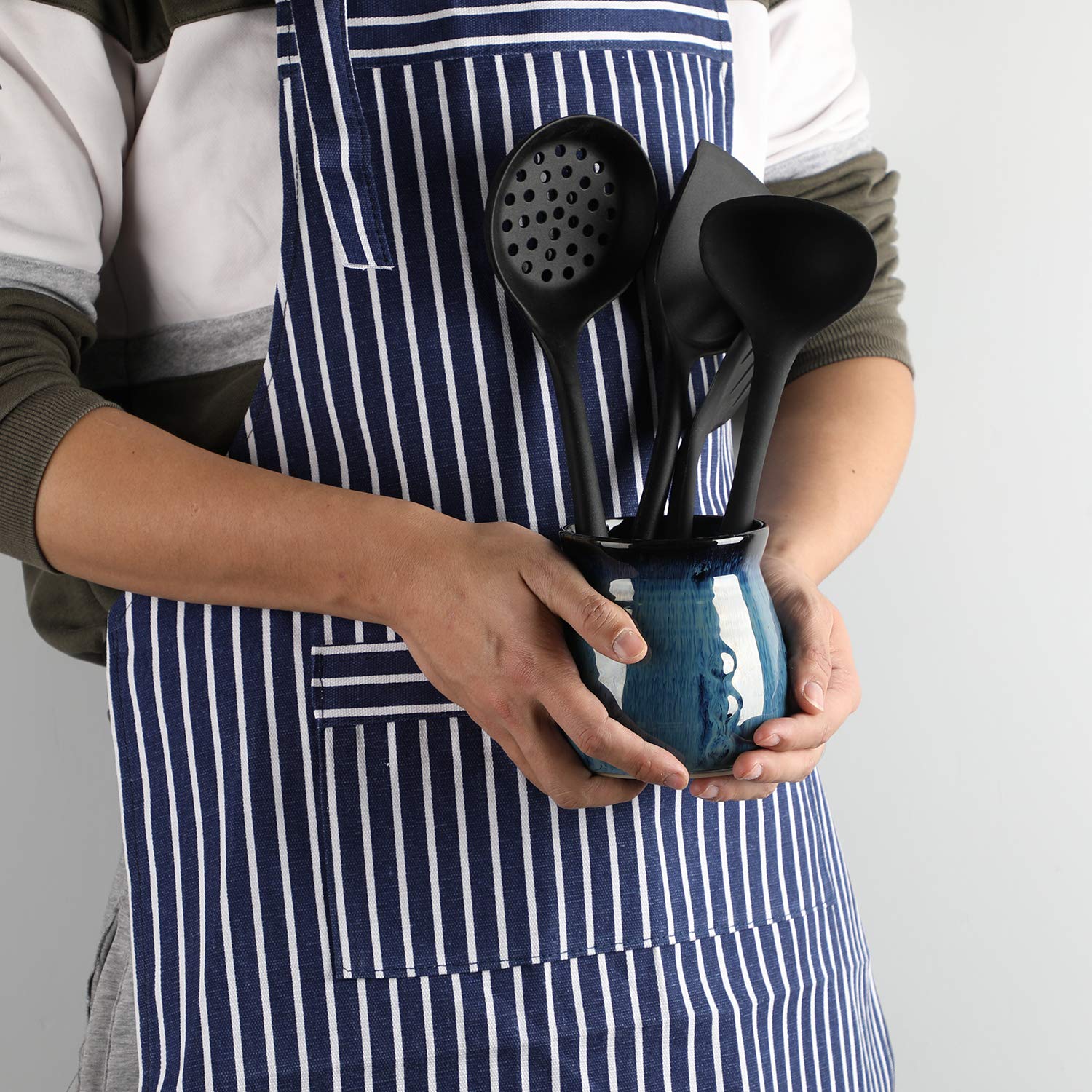 HAOTOP 30oz Ceramic Utensil Holder - Porcelain Kitchen Tool Organizer with Gradient Blue Design, Easy to Clean | Perfect for Spoons, Forks & Cooking Utensils Storage on Countertop