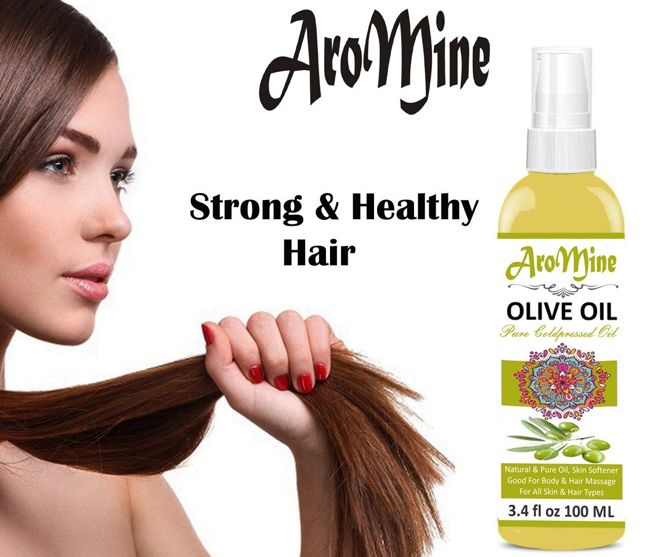 AroMine 100% Natural Cold Pressed Olive Oil for Hair Growth & Skin Care - 100ml | Moisturizing, Nourishing & Hydrating for Dry Scalp, Split Ends & Face | Perfect for Massage, DIY Beauty & Aromatherapy