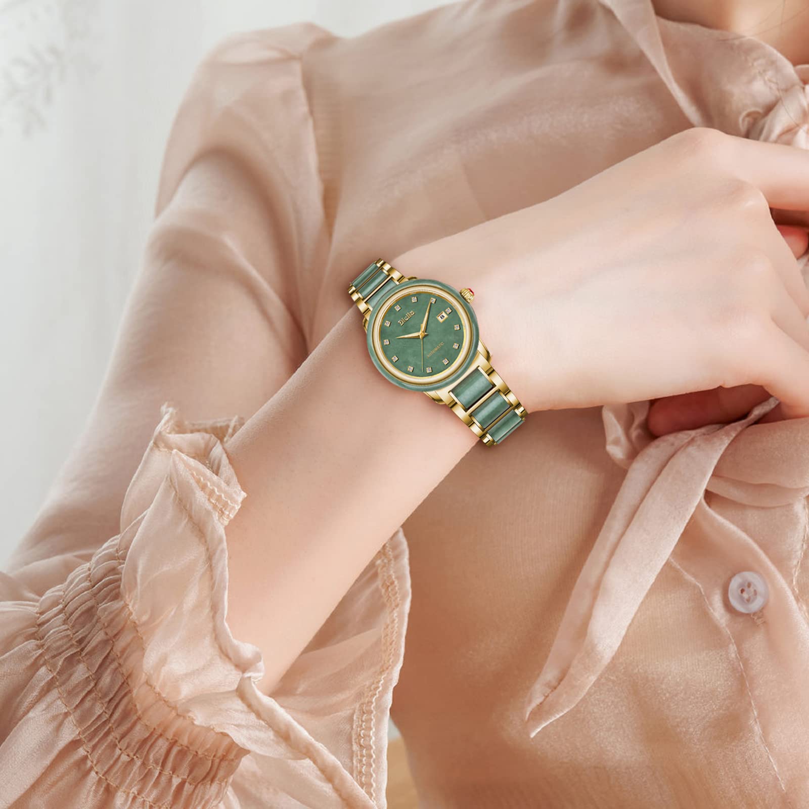 Diella Women's Luxury Automatic Mechanical Dress Watch - Gold & Green Jade Stainless Steel Watch for Ladies (Model AD6001L) | Perfect for Formal Events, Business Meetings & Special Occasions