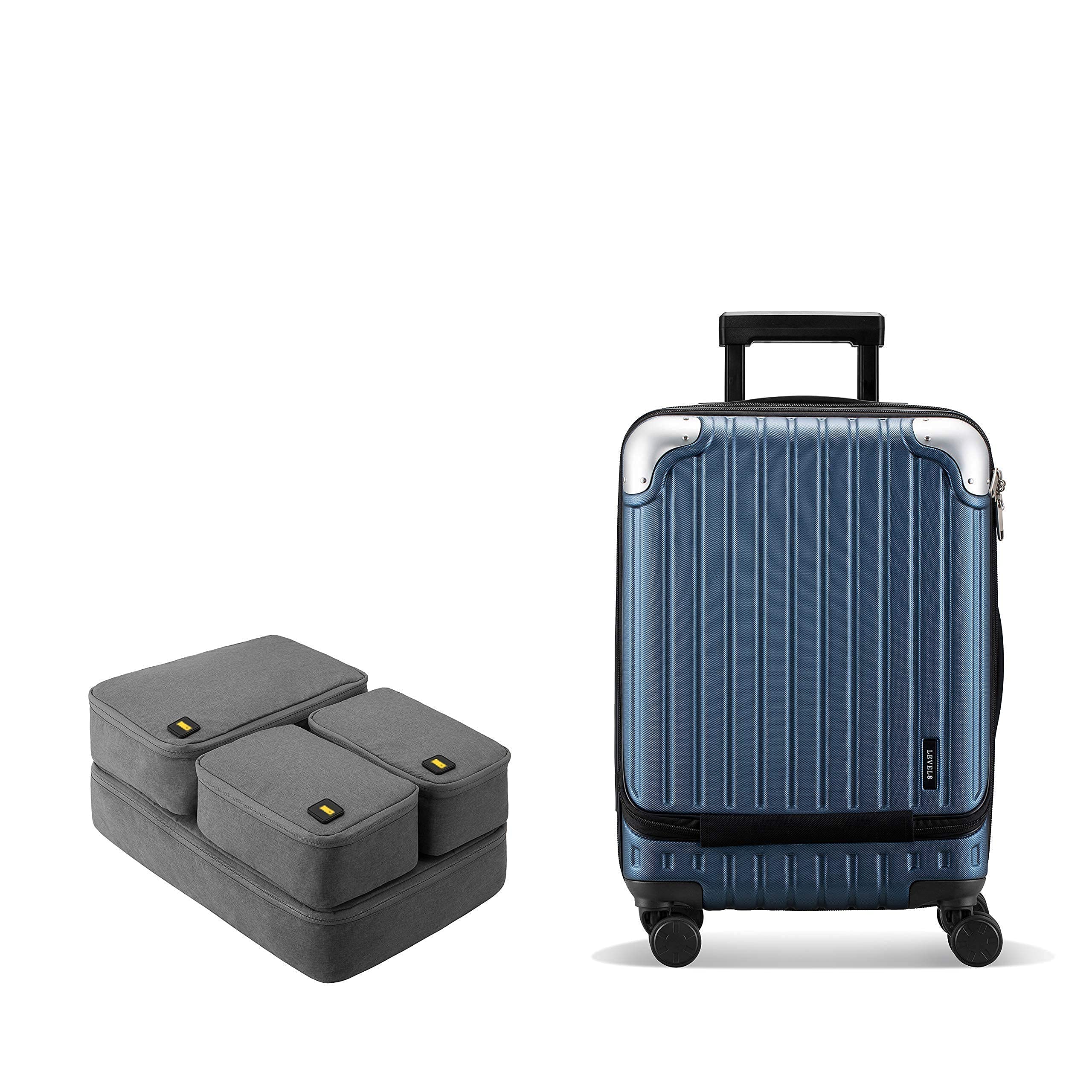 LEVEL8 Grace Expandable 20 Inch Carry On Luggage Suitcase with 4 Piece Packing Cubes Set - Lightweight Spinner Travel Bag for Women & Men, Perfect for Airplane Cabin & Weekend Trips (Blue)