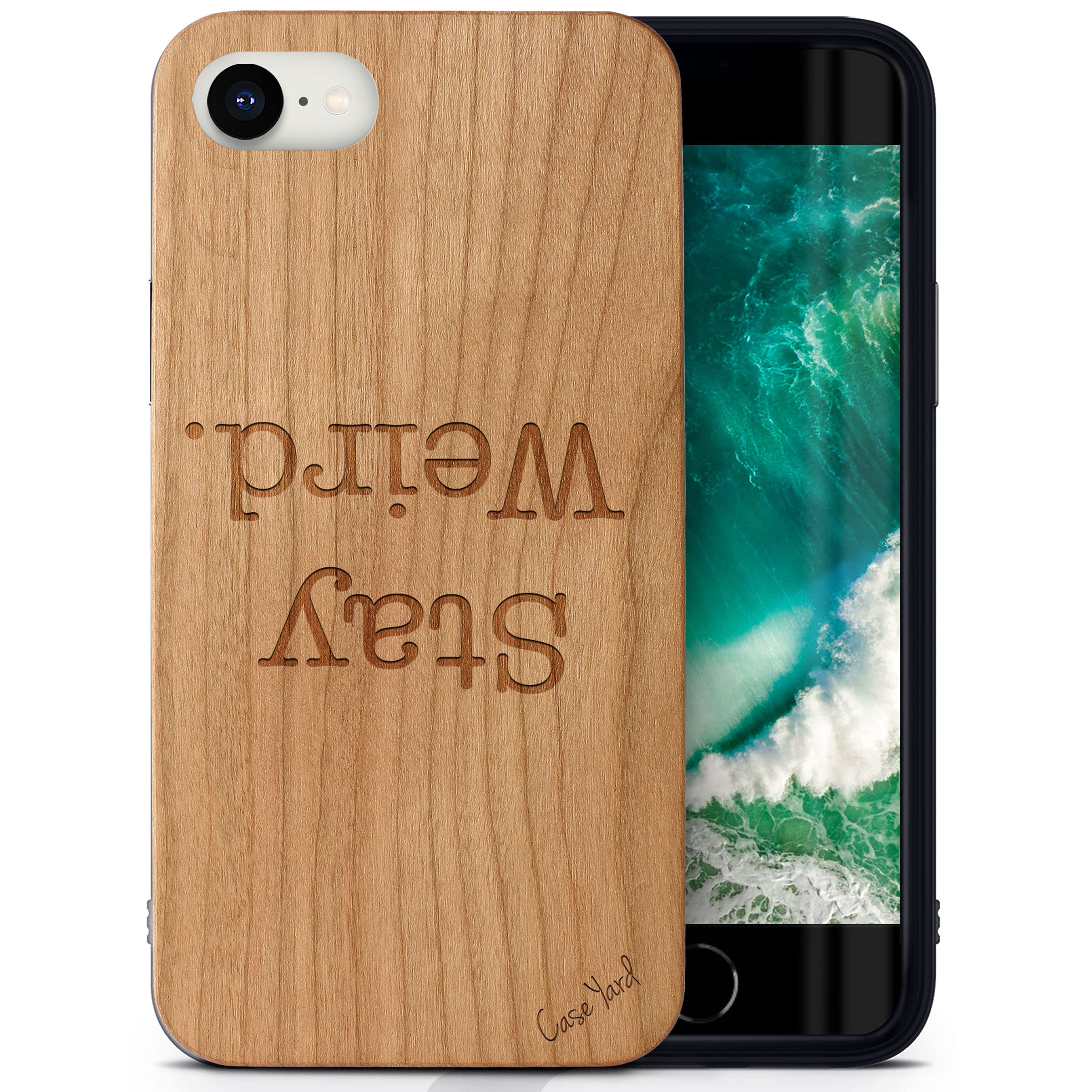 CaseYard Laser Engraved Stay Weird Cherry Wood Phone Case for iPhone SE - Slim Fit Shockproof Protective Cover for Men & Women - Perfect for Outdoor Adventures & Daily Use