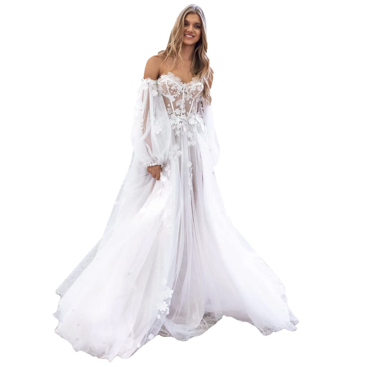 XYAYE Off Shoulder Lace Beach Wedding Dress - Elegant Tulle Bridal Gown with Long Sleeves & Thigh High Slit | Perfect for Beach Ceremonies, Destination Weddings & Boho Bridal Photoshoots