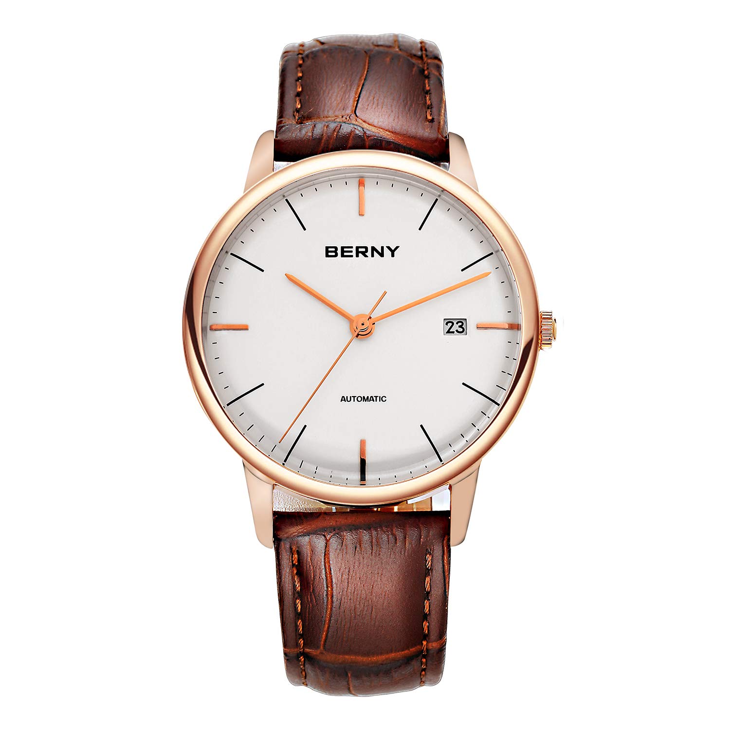 BERNY Ultra Thin Automatic Watch for Men - Minimalist Design with Genuine Leather Strap - Perfect for Business, Casual & Formal Occasions