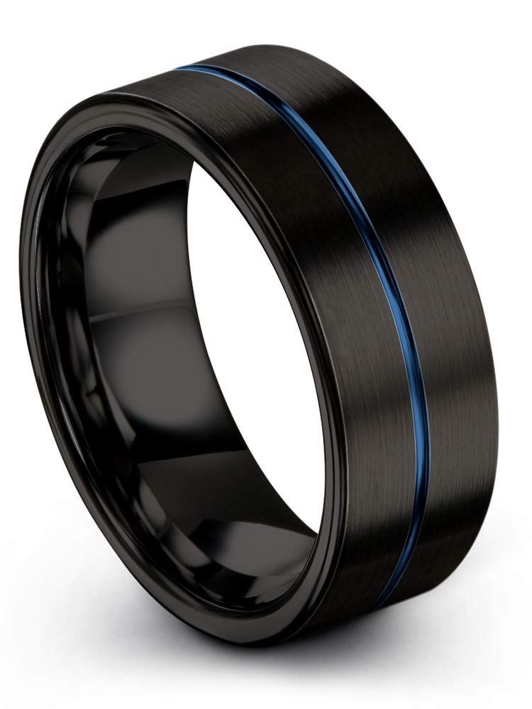 8mm Tungsten Carbide Wedding Band Ring for Men & Women - Blue Black Center Line, Flat Cut, Brushed & Polished - Custom Engraved for Anniversary & Engagement - Perfect for Everyday Wear, Special Occasions & Gift Giving