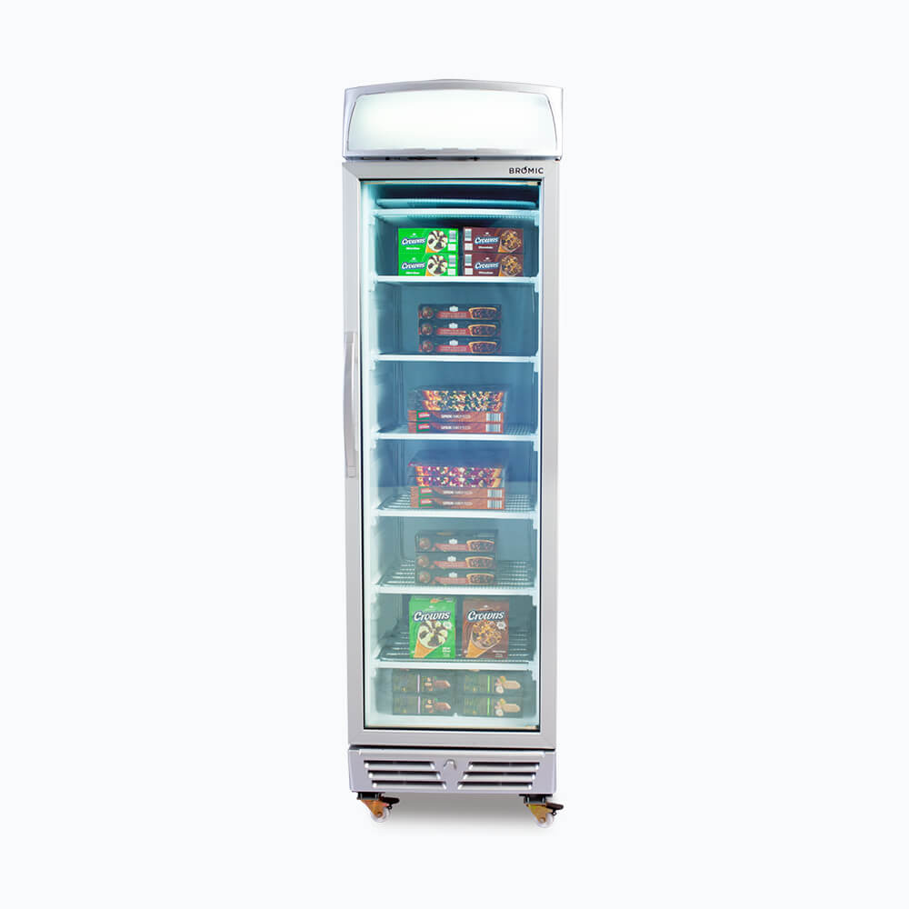 Bromic 300L Commercial Upright Display Freezer with LED Lightbox & Flat Glass Door - UF0374LS - Perfect for Supermarkets, Convenience Stores, and Restaurant Food Display