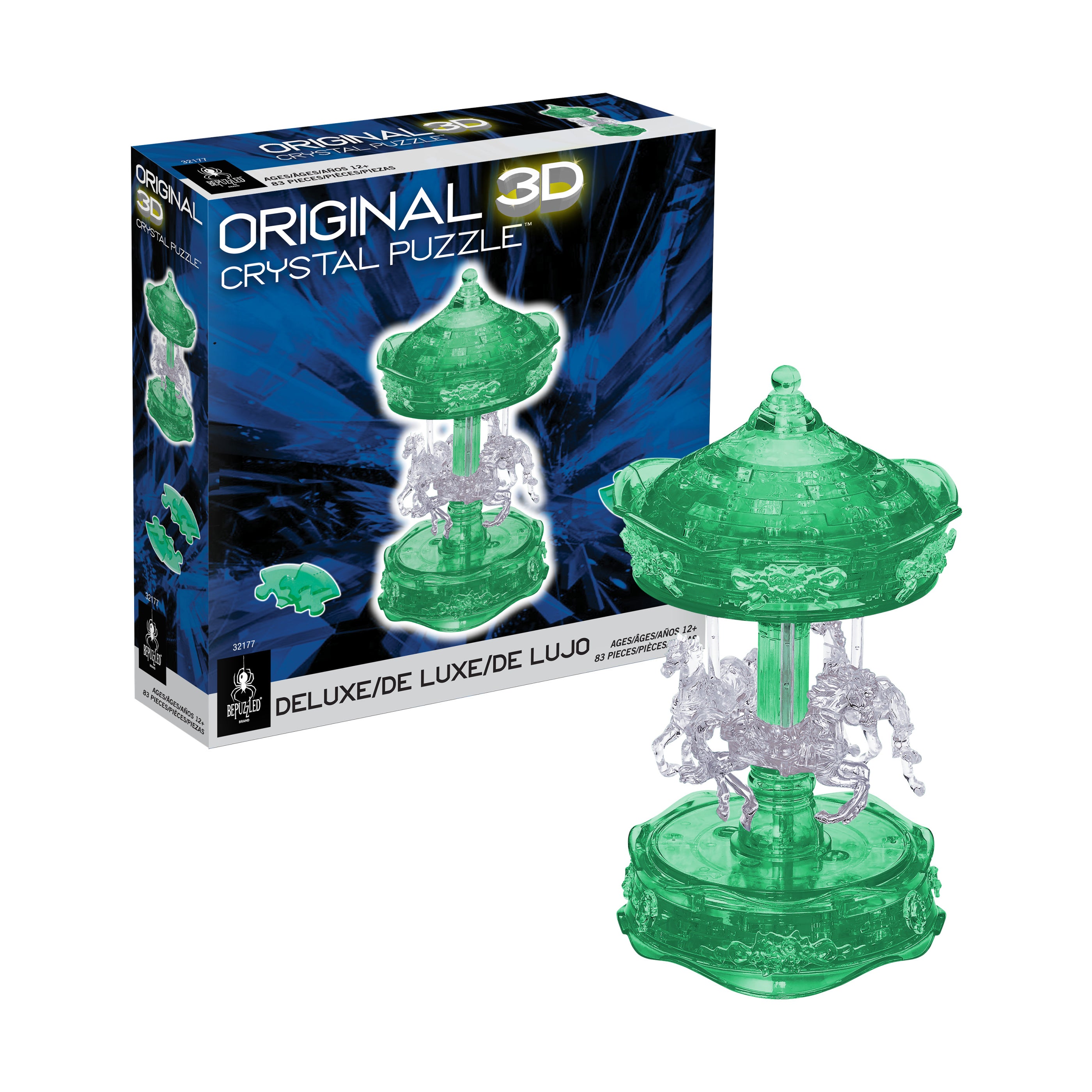 BePuzzled 3D Crystal Carousel Puzzle - 83 Piece Enchanting Green & White DIY Model Kit | Fun Brain Teaser for Adults & Teens | Perfect for Home Decor, Gift Giving & Stress Relief