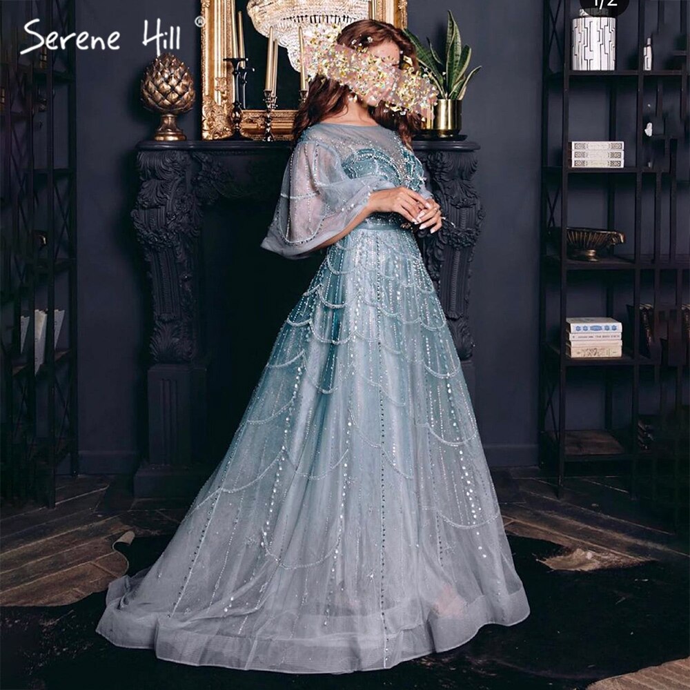Serene Hill Turquoise Long Flare Sleeves Evening Dress Gown 2025 | A-Line Luxury Beaded Formal Gown for Women | Perfect for Prom, Wedding Guest & Black Tie Events LA70822