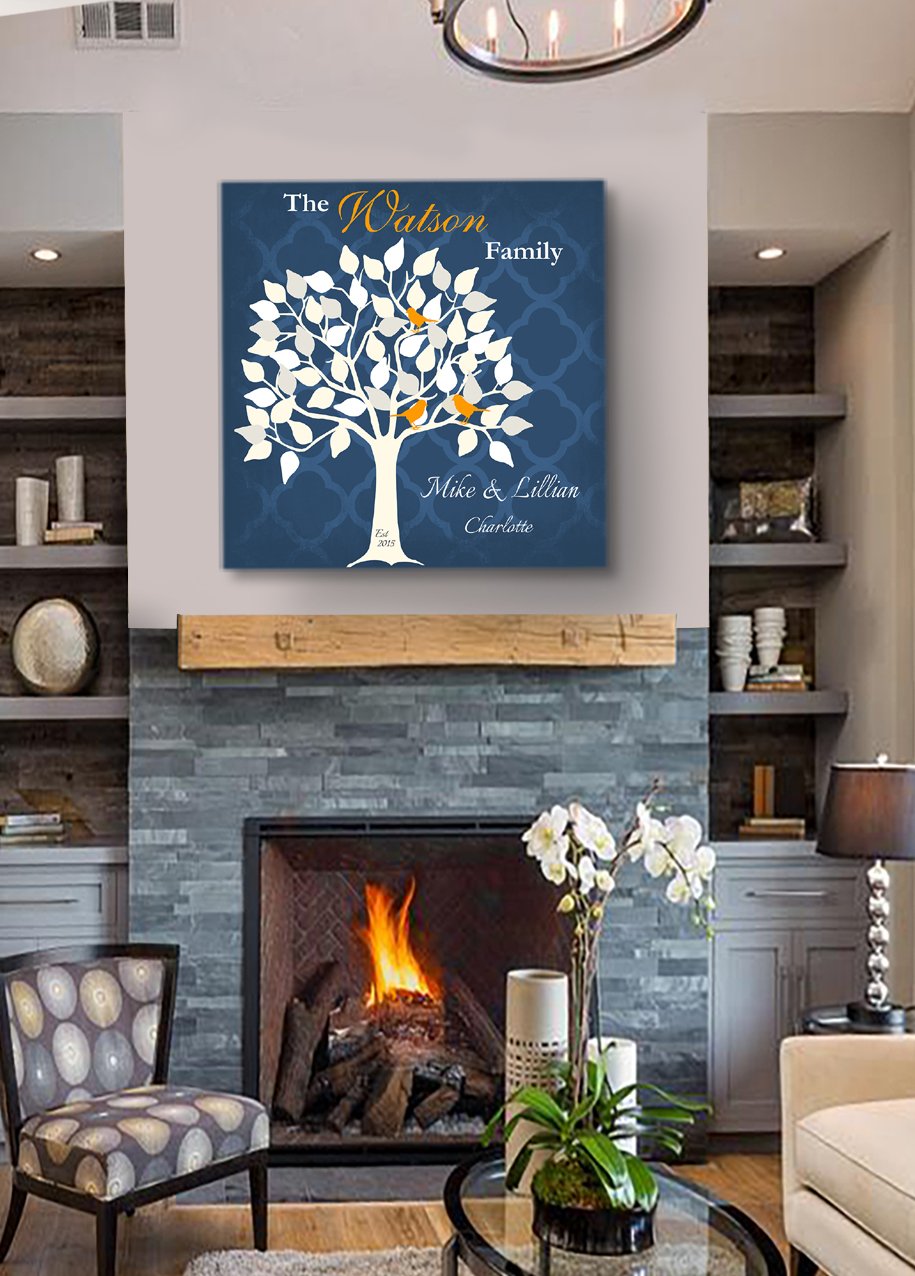 Personalized Family Tree Canvas Wall Art - Custom Anniversary Gift for Wedding, Housewarming, Bridal Shower, Birthday & Retirement - Navy Blue 24x24 Inch - Perfect for Home Decor, Office Parties & Special Occasions