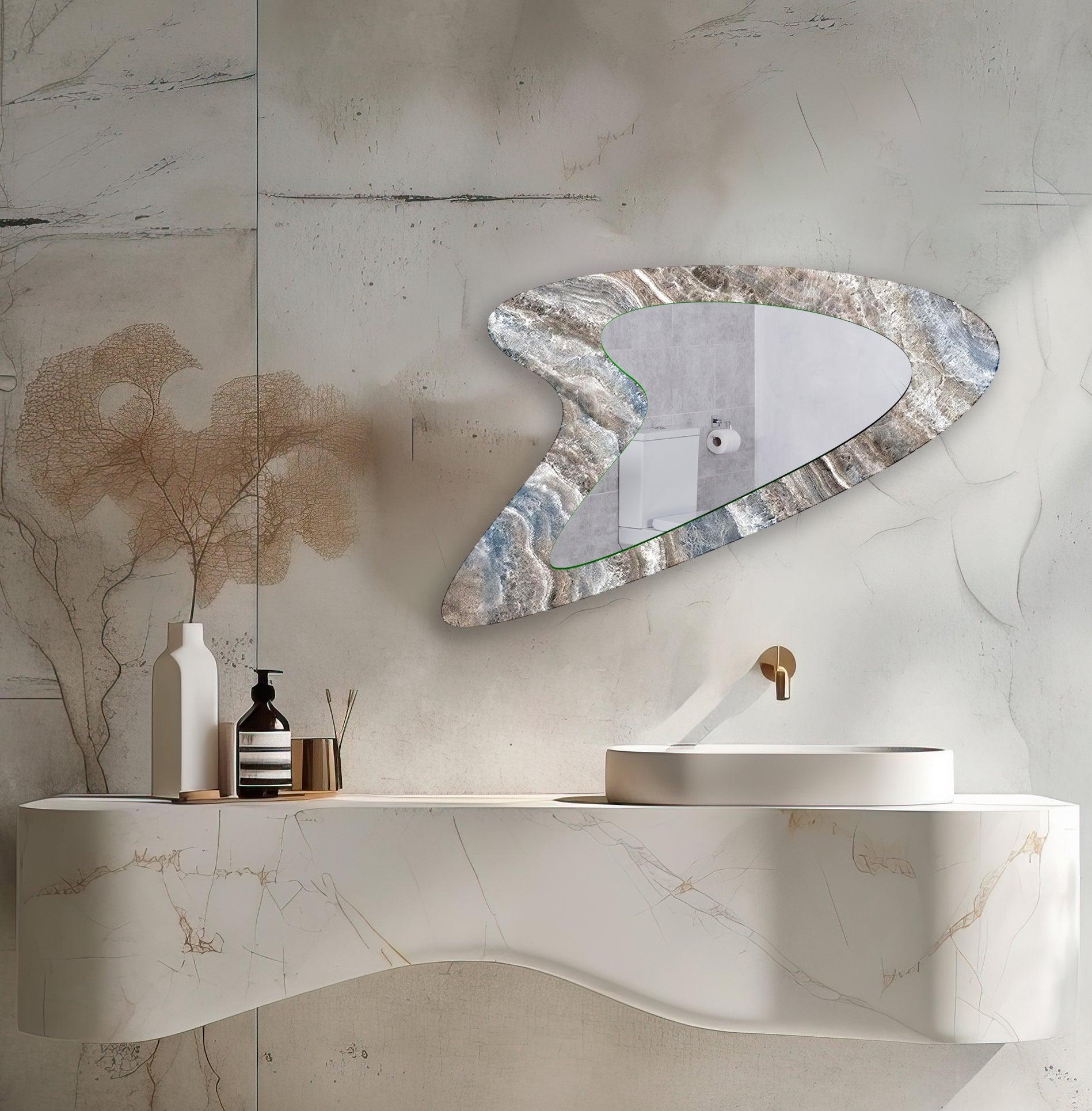 Modern Blue & Beige Marble Wall Mirror - Elegant Home Decor for Living Room, Bedroom, or Entryway