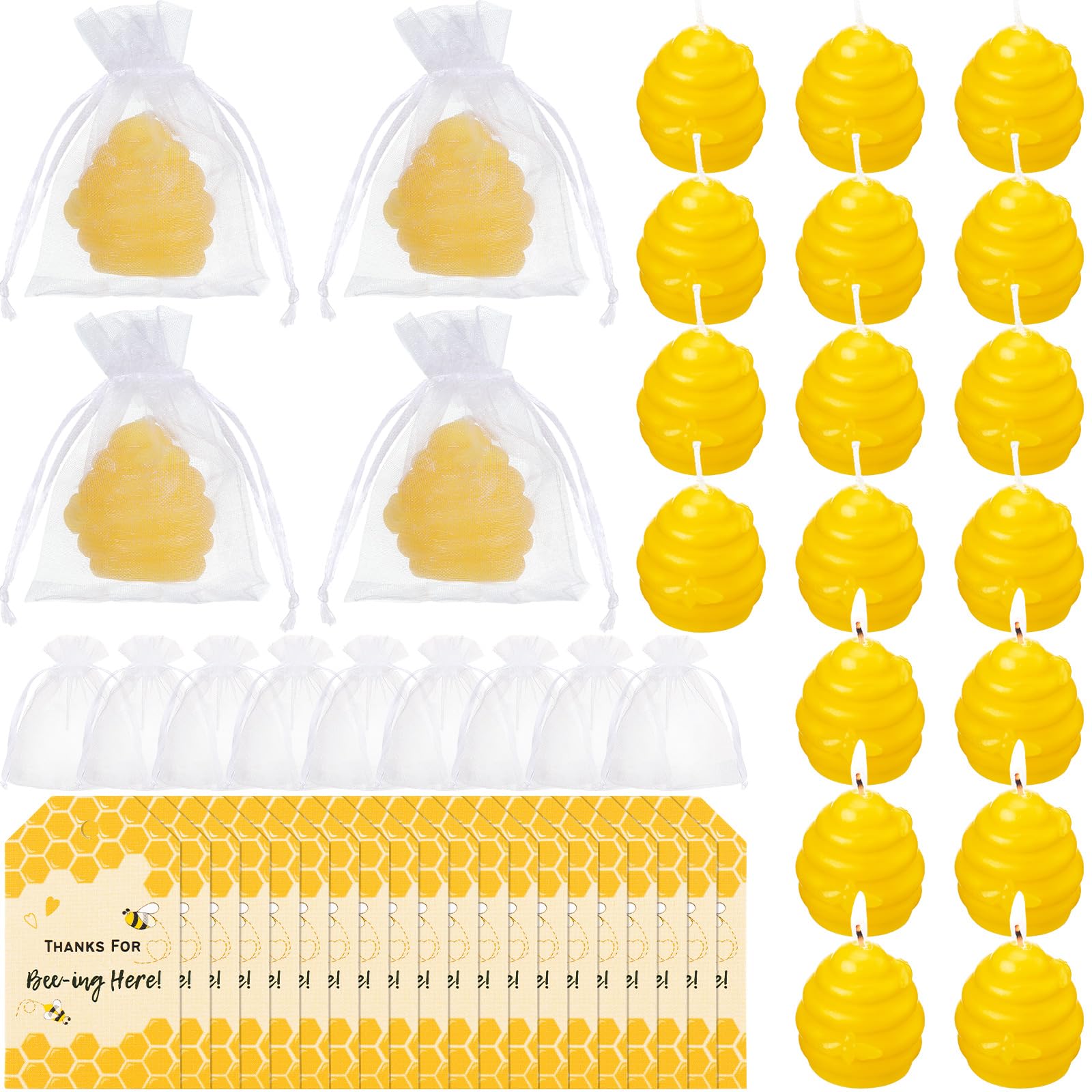20 Sets Beehive Honeycomb Votive Candles with Thank You Tags & Organza Gift Bags - Bee Themed Baby Shower Party Favors, Wedding Table Centerpieces & Home Decor for Special Occasions