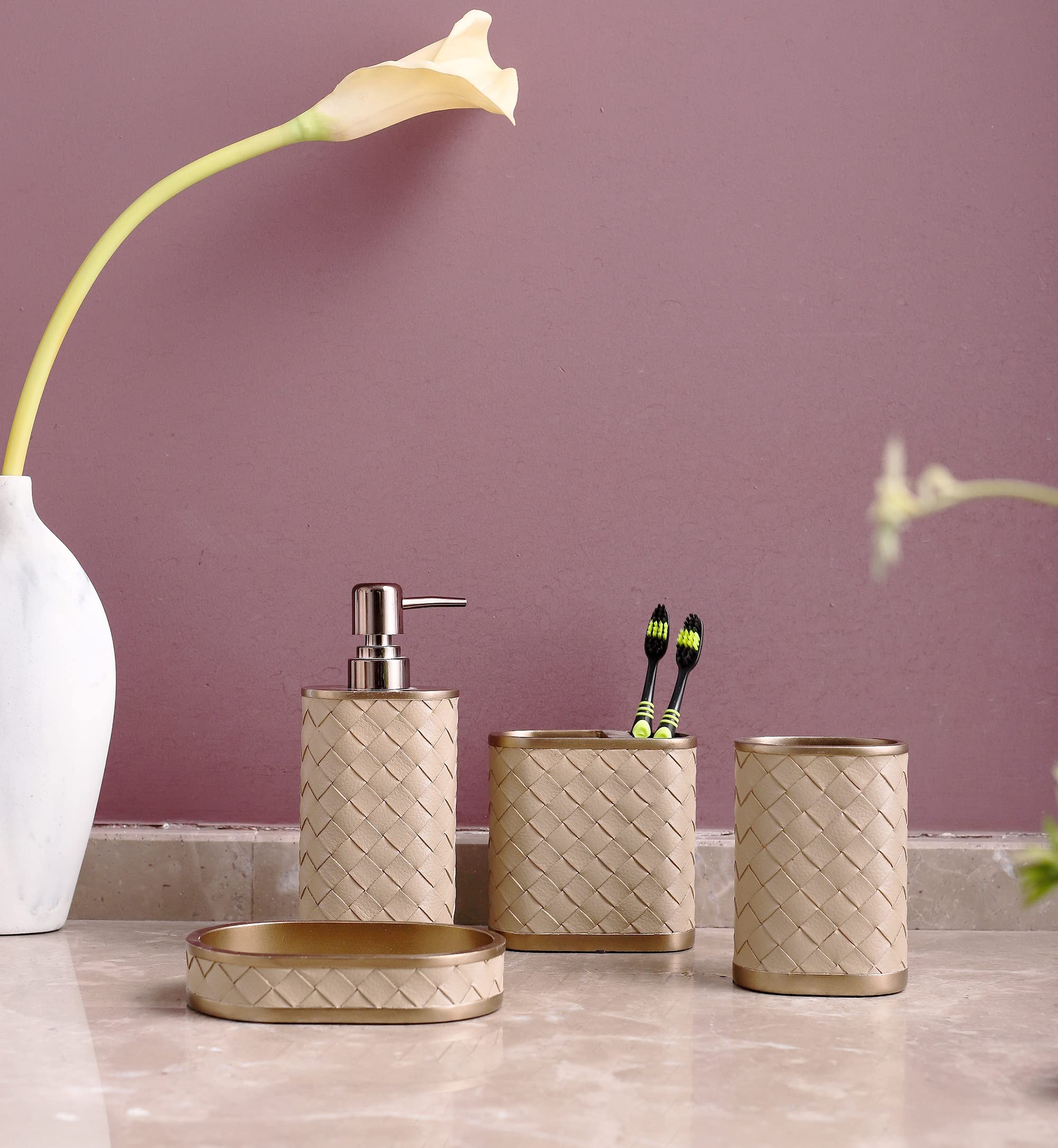 Farmhouse Bathroom Accessories Set - 4 Piece Resin Toothbrush Holder, Soap Dispenser, Soap Dish & Tumbler Gift Set | Rustic Apartment Decor Essentials for Modern Bathrooms