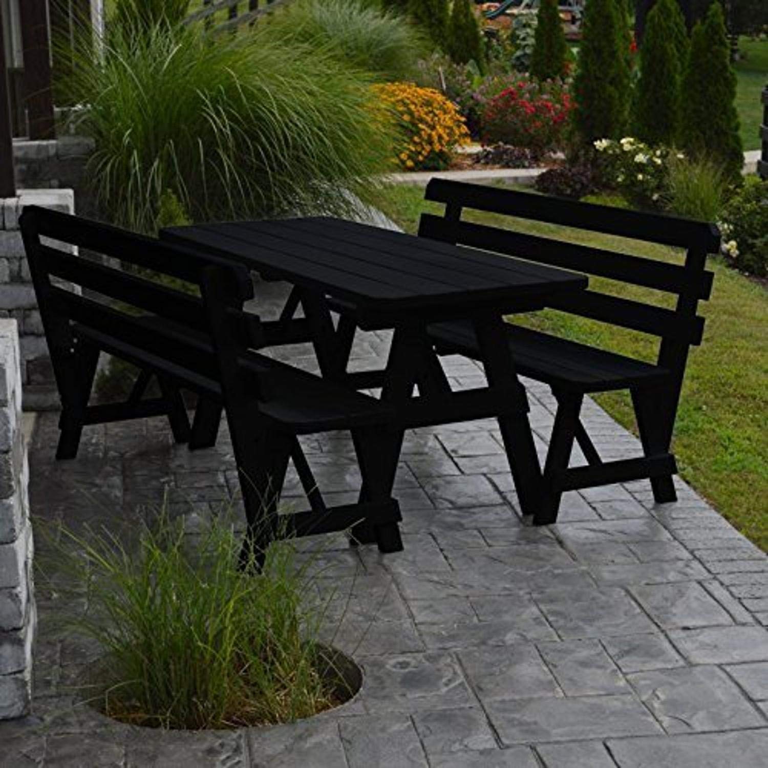 A&L Furniture 6ft Yellow Pine Traditional Picnic Table with 2 Backed Benches & 2