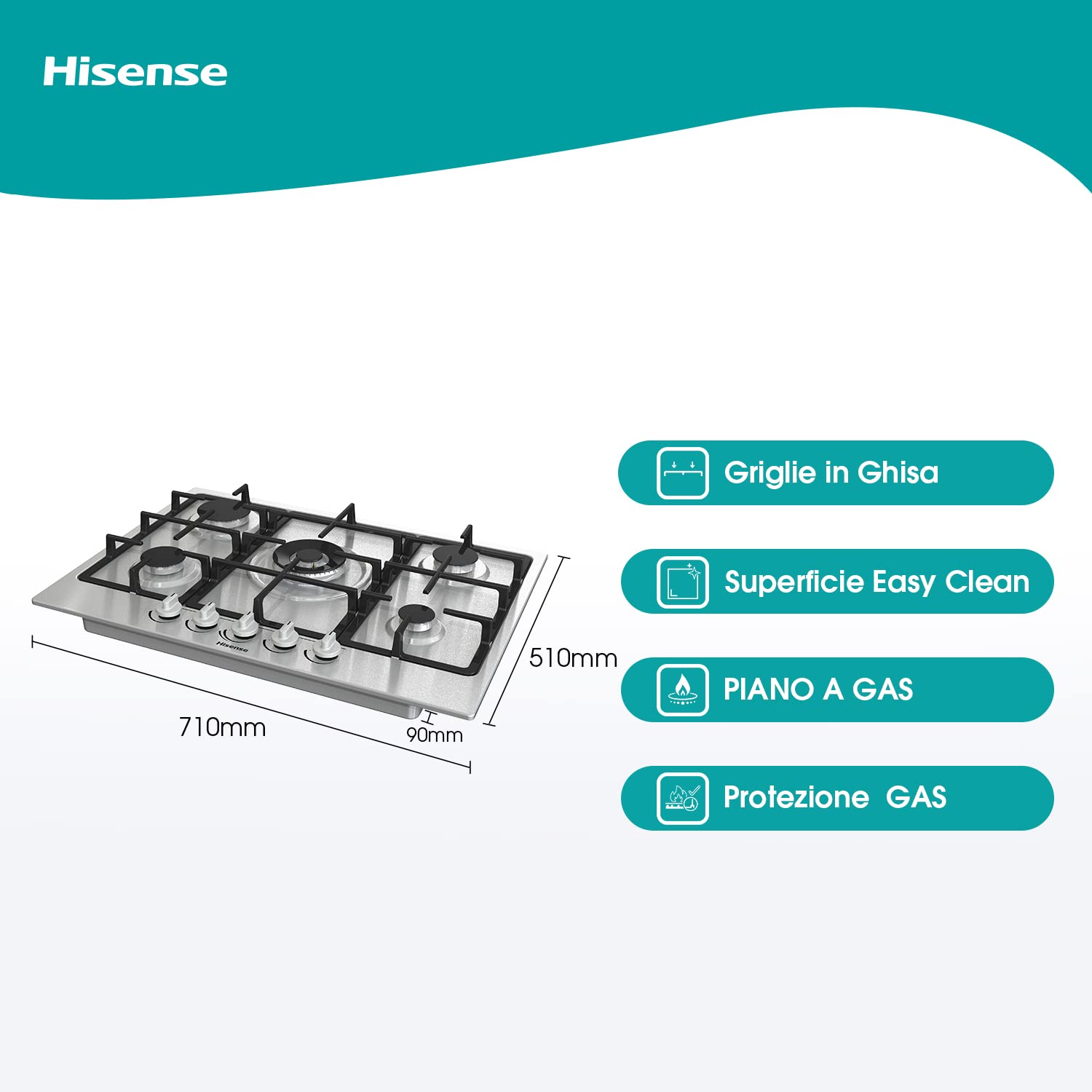 Hisense GM773XF 70cm 5-Burner Gas Cooktop with Double Crown Wok Burner & Cast Iron Grates - Built-in Ignition, Fingerprint-Resistant Stainless Steel - Perfect for Home Kitchens & Professional Cooking