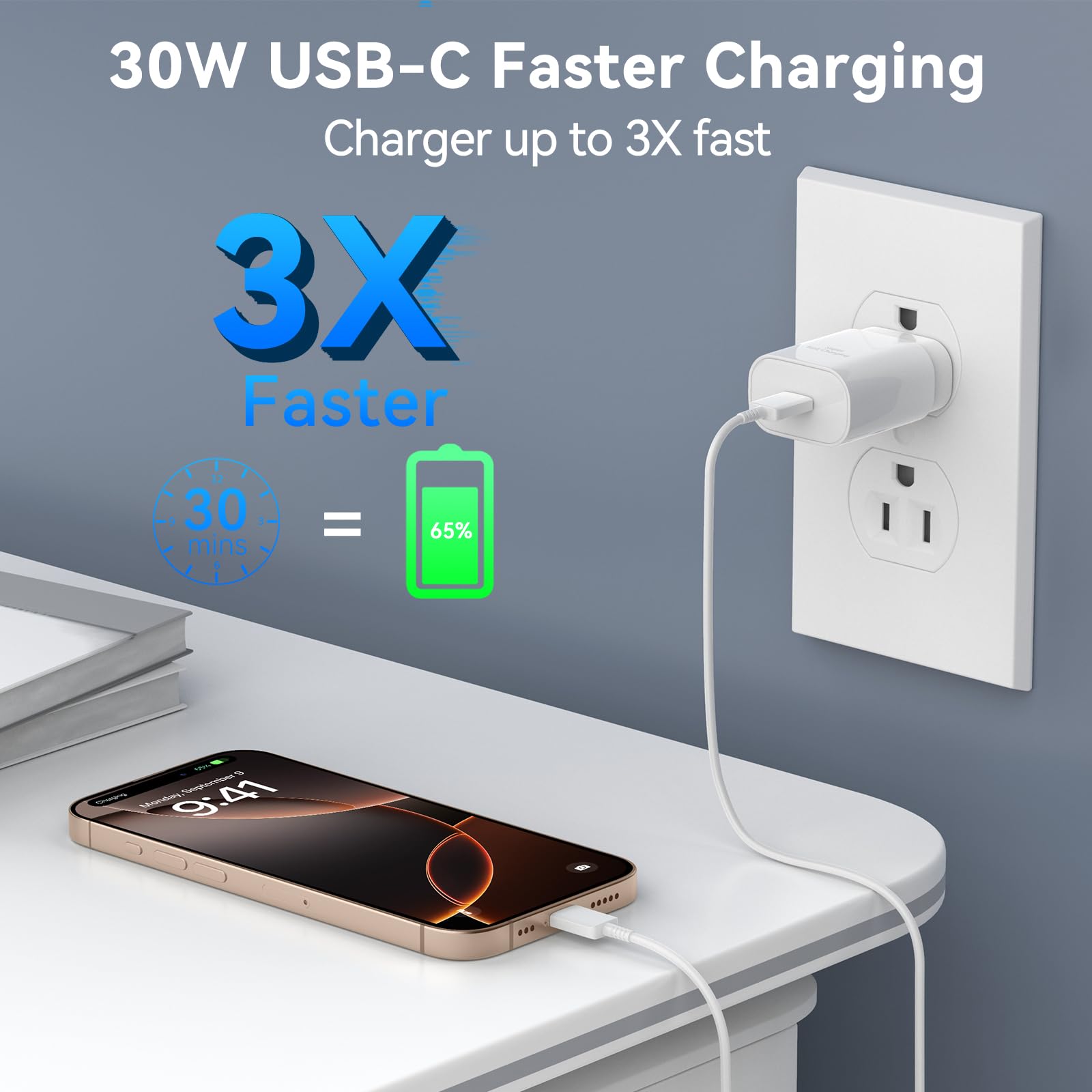 30W USB C Fast Charger for iPhone 16/15 Pro Max - 3 Pack with 6.6ft & 10ft Long Cables | Quick Charging Block Compatible with iPhone 16 Series & 15 Pro Models | Perfect for Home, Office & Travel Charging