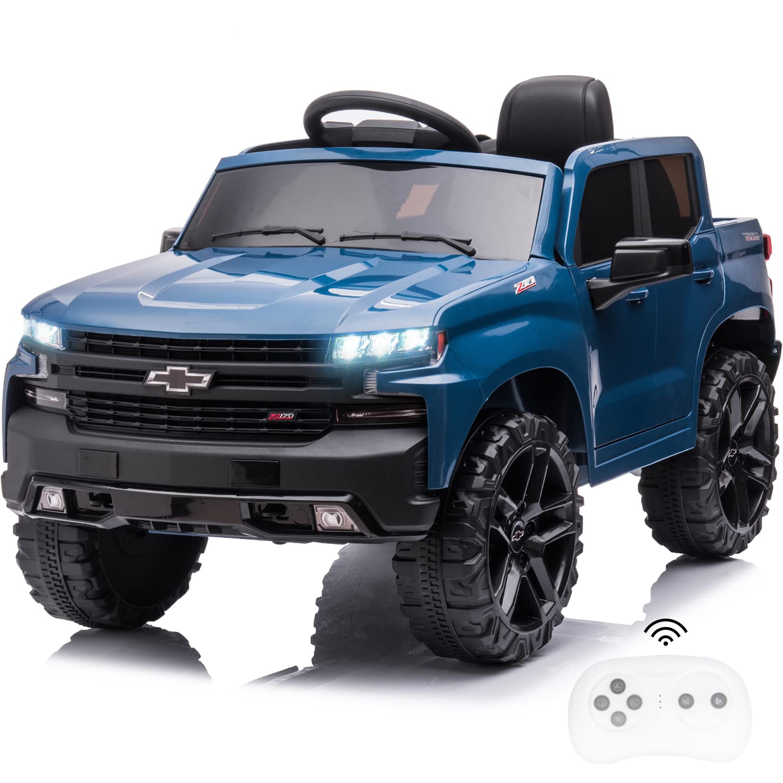 12V Licensed Chevy Silverado Kids Ride On Car - Remote Control Electric Vehicle Toy with 4-Wheeler Suspension, Music & LED Lights, 3 Speed Settings (Blue) | Perfect for Outdoor Play, Birthday Gifts & Family Fun Activities