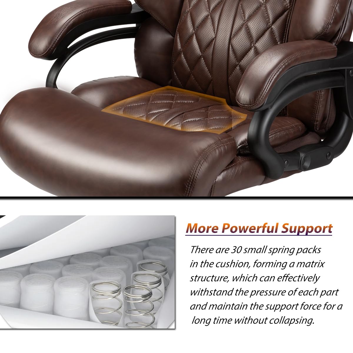 500lbs Heavy Duty Big and Tall Office Chair - Wide Spring Seat Executive Desk Chair with 360° Swivel & Reinforced Casters - Ergonomic Support for Home Office, Gaming, or Commercial Workspaces (Brown)