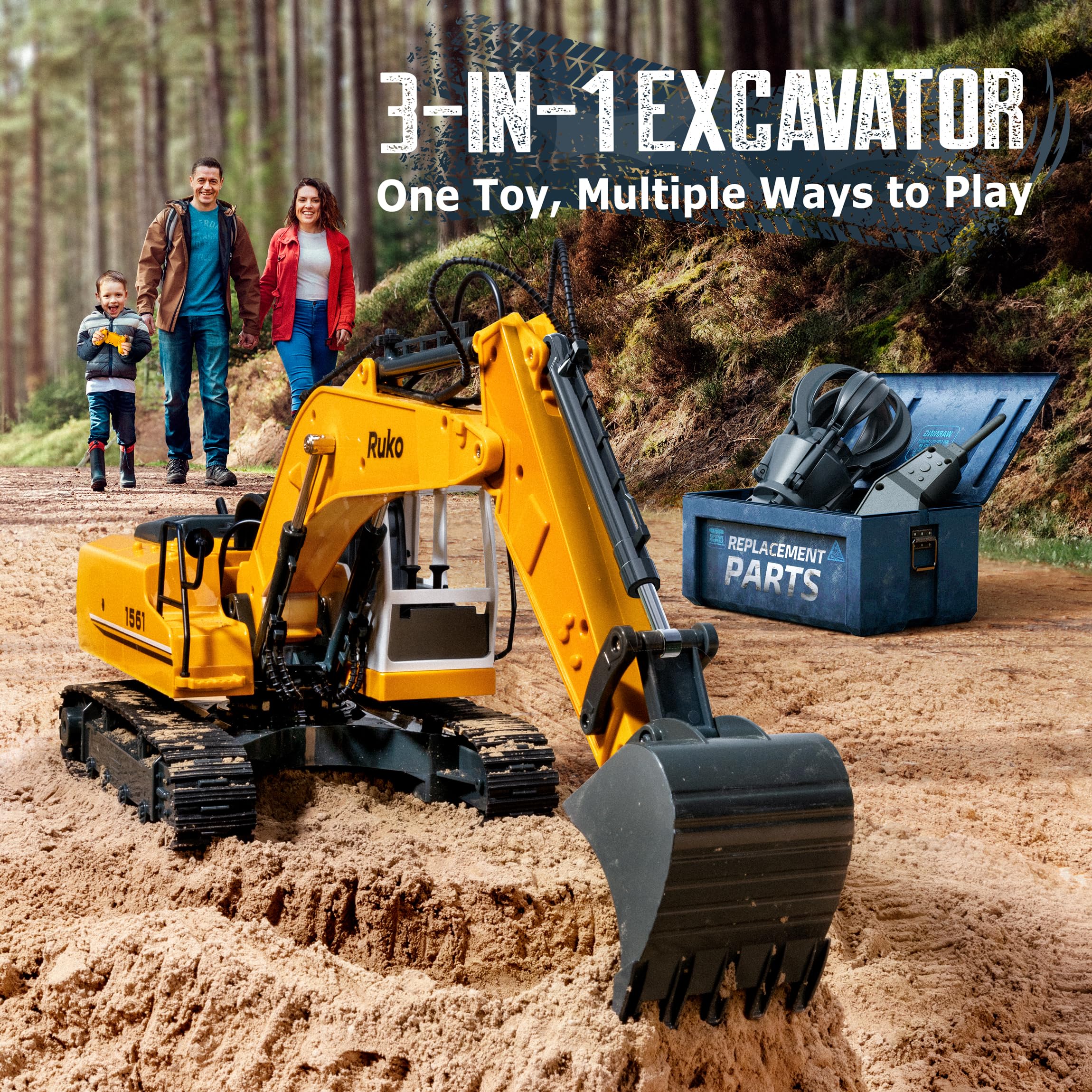 Ruko 1561 RC Excavator - 3 in 1 Remote Control Construction Toy with Alloy Shovel & Drill, 17 Channel RC Vehicle for Boys & Adults (Ages 6-14) - Realistic Lights & Sounds for Sandbox Play, Construction Site Pretend Play & STEM Learning