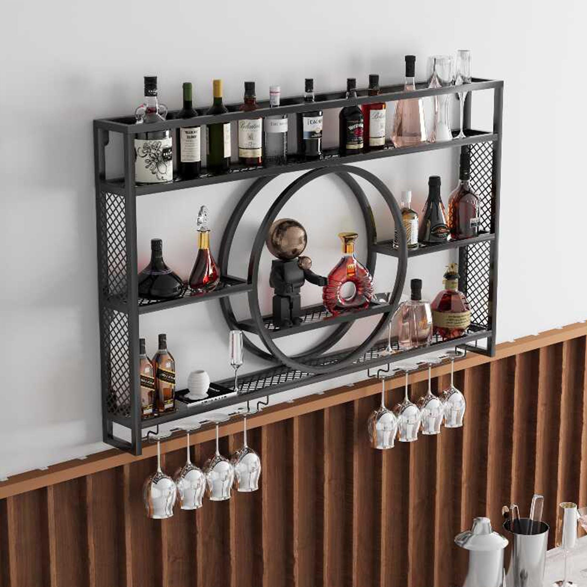 Wall Mounted Wine Rack with LED Lights - Floating Bar Shelves for Liquor Bottles & Wine Glass Storage - Modern Home Bar Cabinet for Kitchen, Dining Room, Living Room - Perfect for Entertaining Guests & Displaying Your Wine Collection