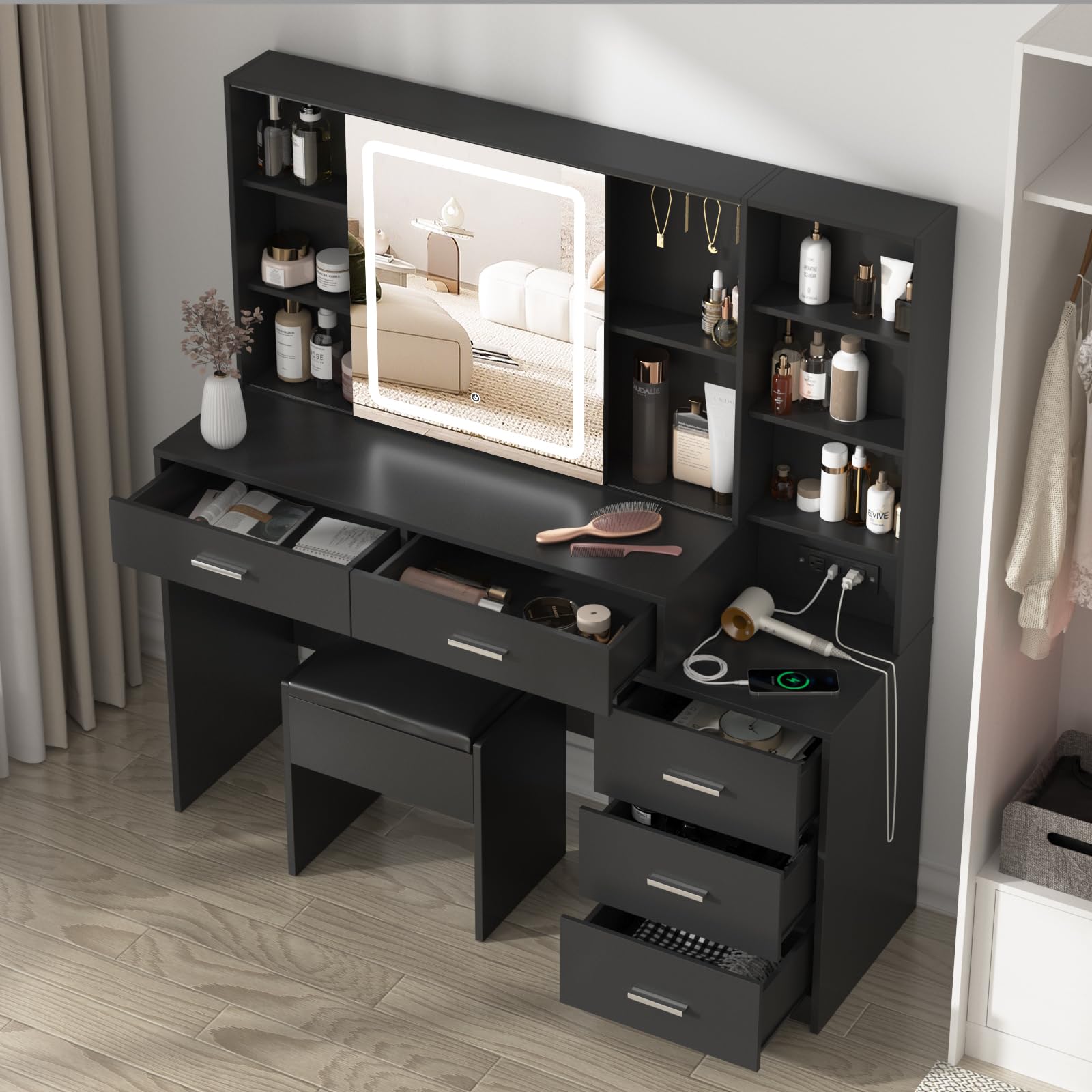 Fameill Makeup Vanity Desk with Sliding Mirror & 3-Color LED Lights, Vanity Table Set with Chair, 5 Drawers & Hooks, USB Charging Station - Perfect for Bedroom, Dressing Room & Beauty Salon (Black)