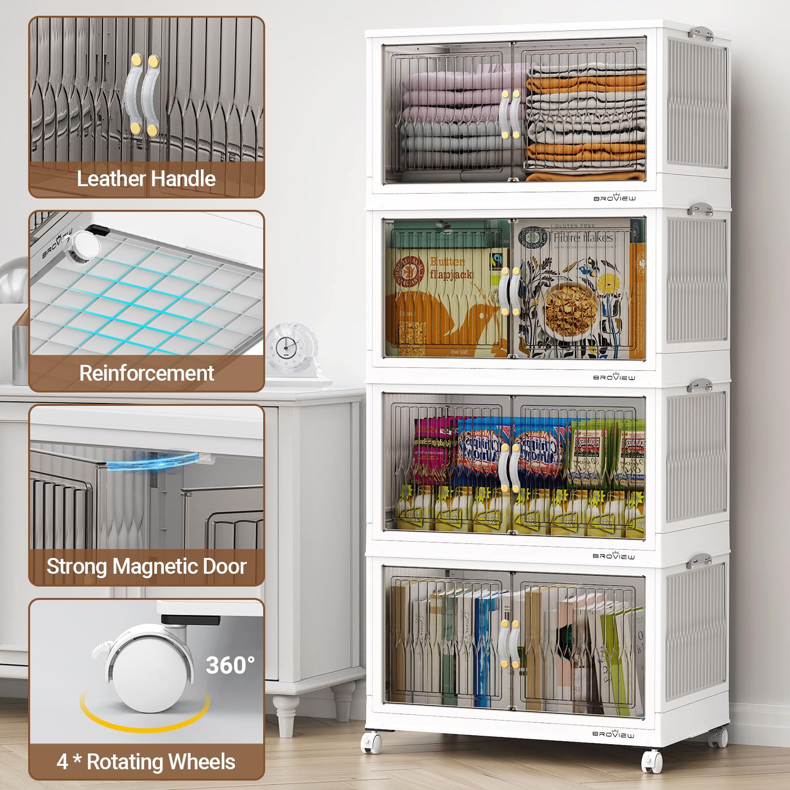 120 Qt Stackable Storage Bins with Lids - 5-Pack White Collapsible Storage Boxes with Wheels for Closet, Home & Office Organization - Plastic Storage Containers for Clothes, Toys & Seasonal Items