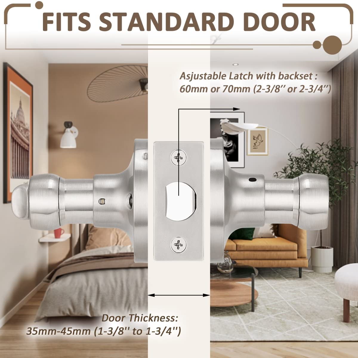 Probrico 6-Pack Privacy Door Lever with Thumb Turn Lock - Keyless Satin Nickel Finish Wave Door Handle Set for Bedroom & Bathroom Doors (Reversible Right/Left Handed) - Perfect for Home, Office, and Rental Property Security