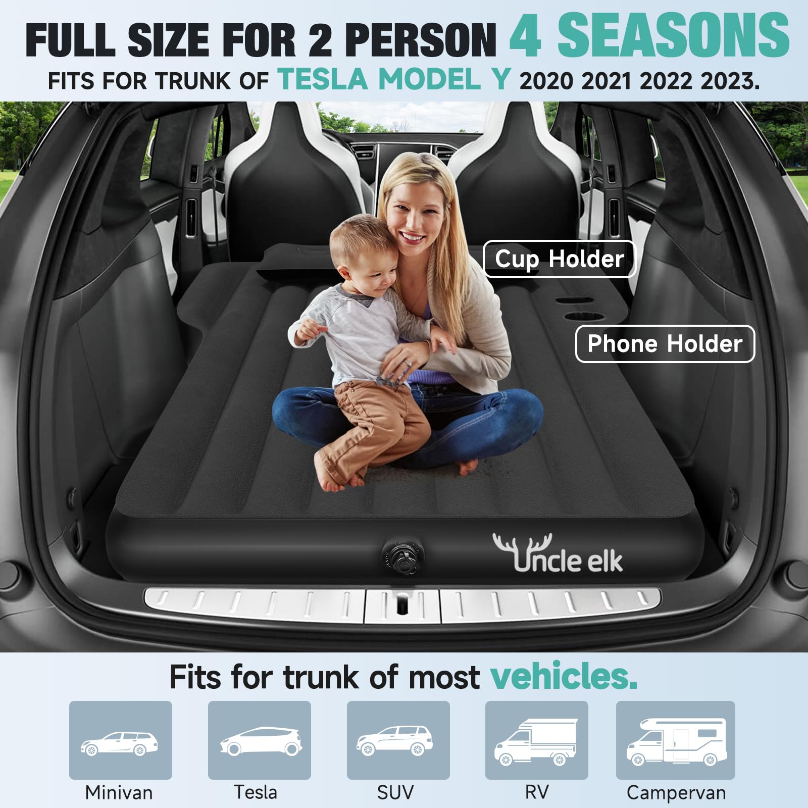 Tesla Model Y Air Mattress - Portable Inflatable SUV Mattress for Camping, Travel & Road Trips | Foldable with Built-in Air Pump & Storage Bag | Perfect for Tesla Model Y & SUV Adventures (Black)